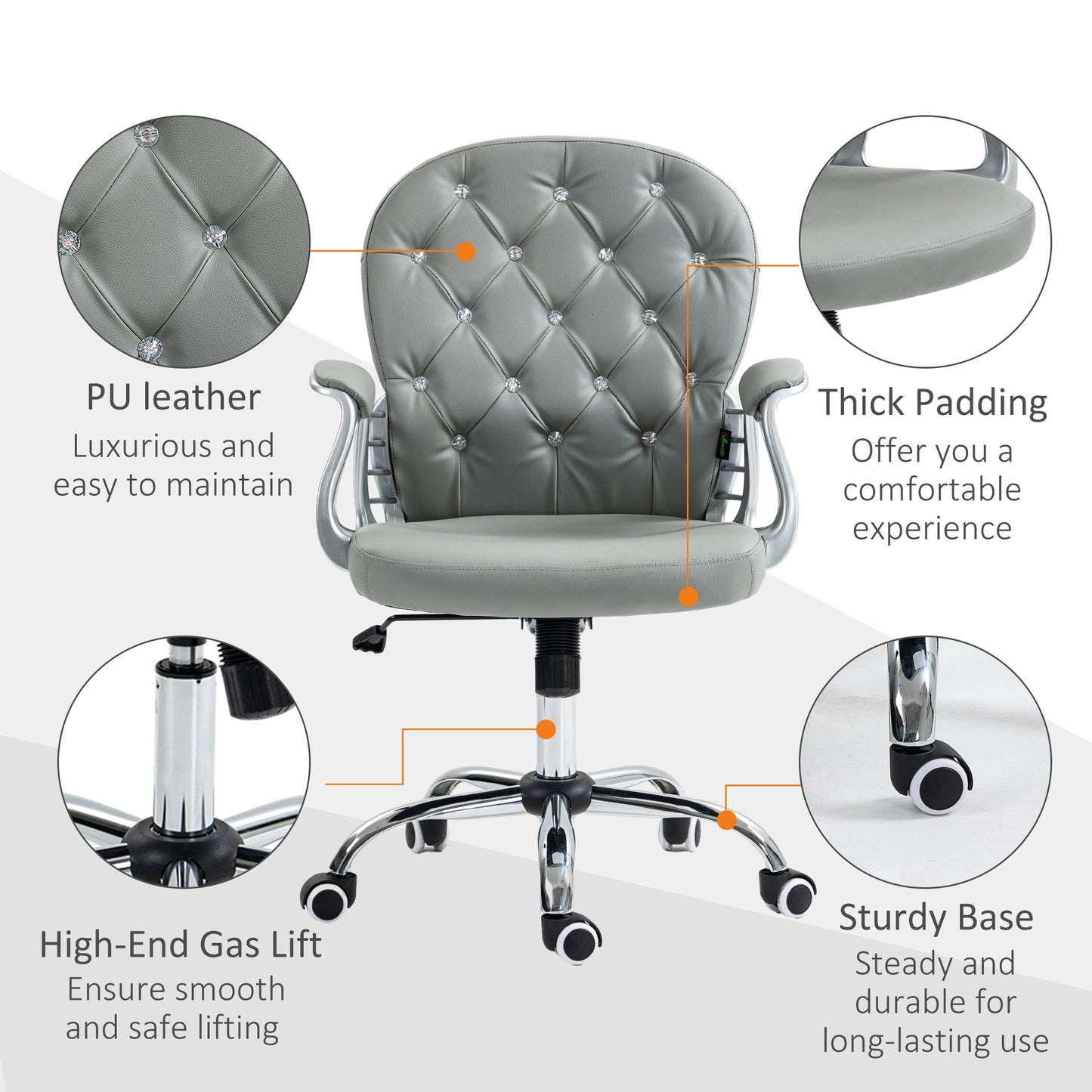 Vinsetto Glamorous Grey Ergonomic Office Chair with 360° Swivel and Diamante Detailing - ALL4U RETAILER LTD