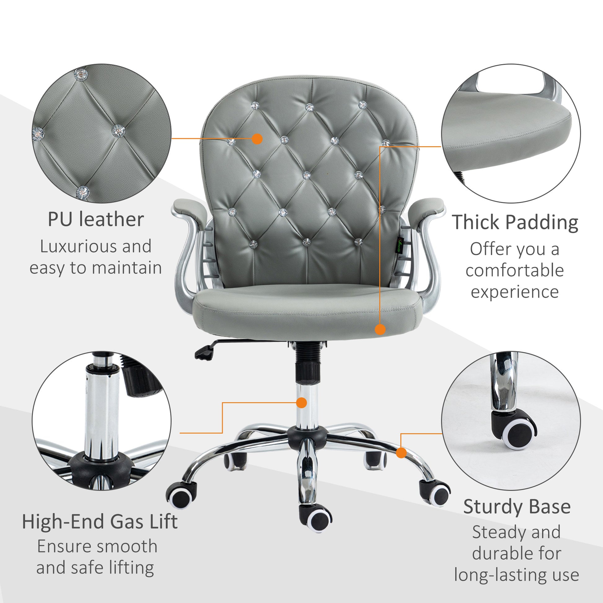 Vinsetto Glamorous Grey Ergonomic Office Chair with 360° Swivel and Diamante Detailing - ALL4U RETAILER LTD