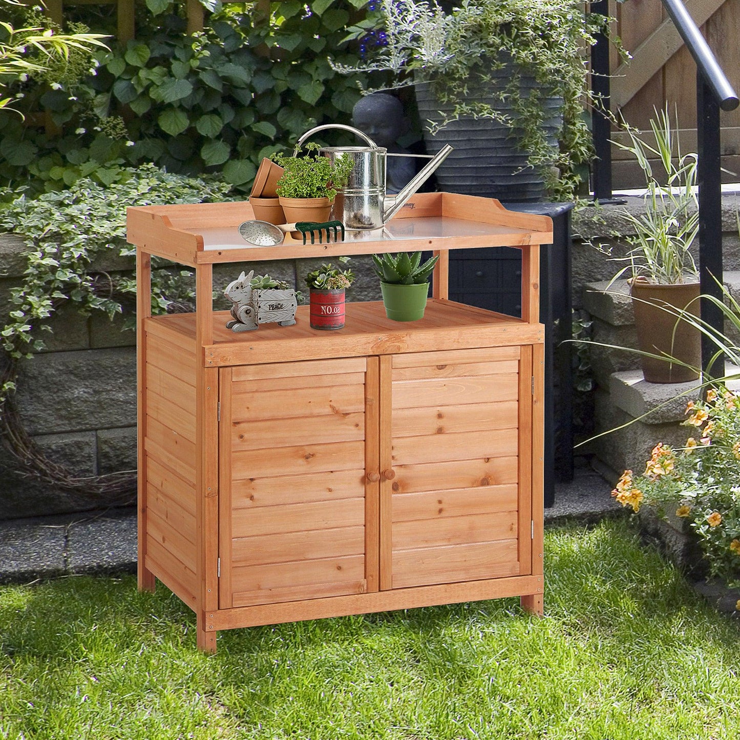 Outsunny Potting Bench Table with Storage Cabinet, Galvanized Top - 98x47x105cm - ALL4U RETAILER LTD