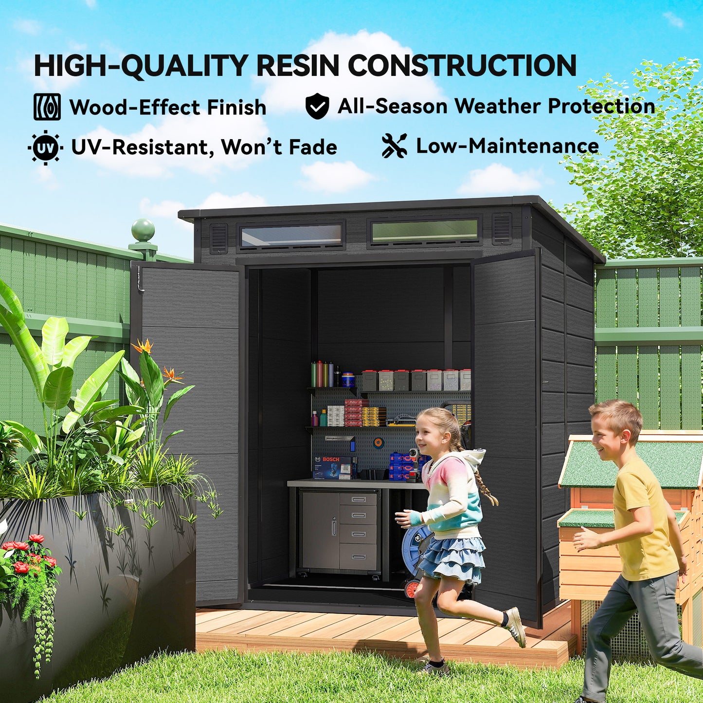 Outsunny 6x6 ft Plastic Garden Shed Wood Effect Outdoor Storage With Floor Windows Ventilation Lockable Doors Dark Grey