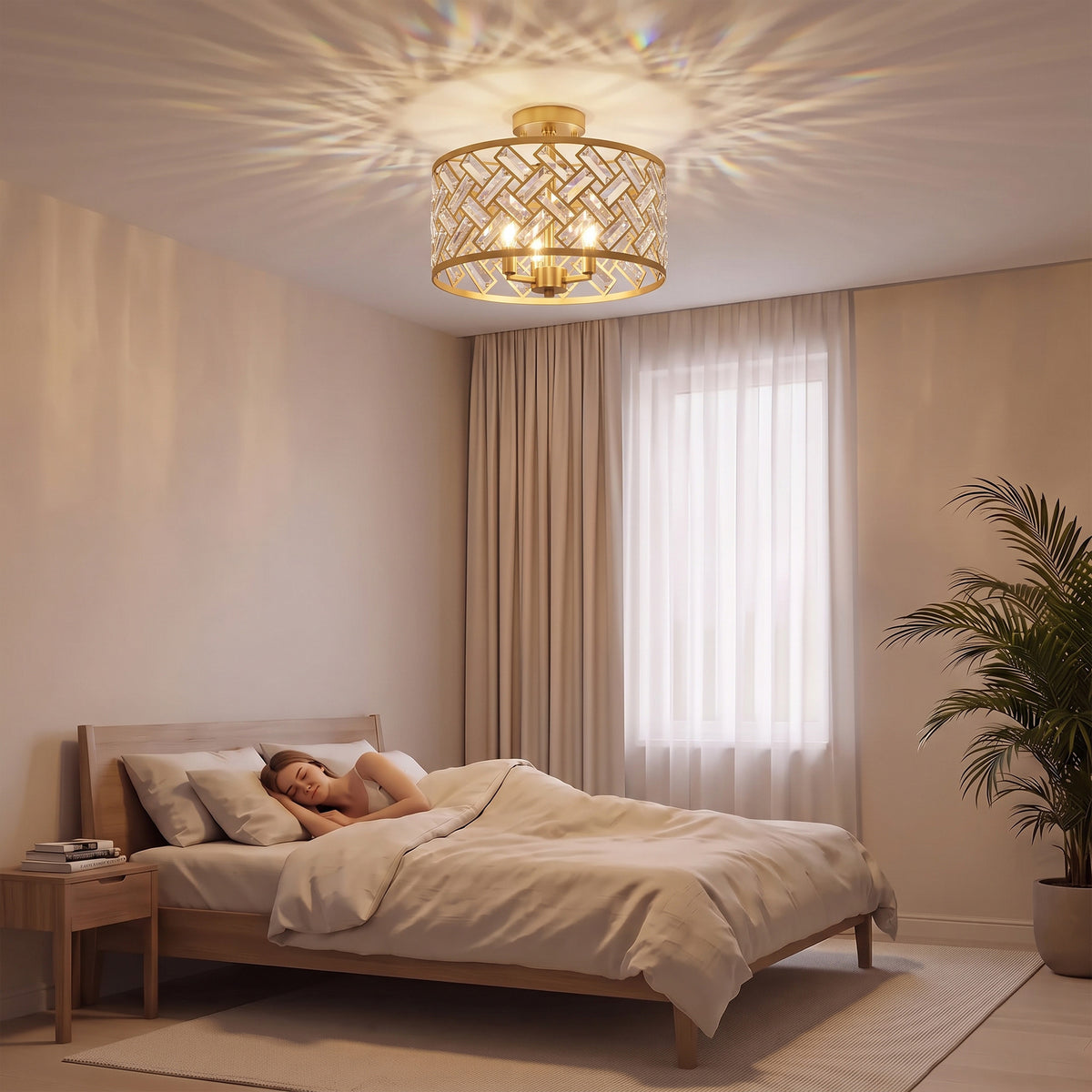 HOMCOM 3 Light Crystal Glass Ceiling Light with Gold Tone E14 Sockets