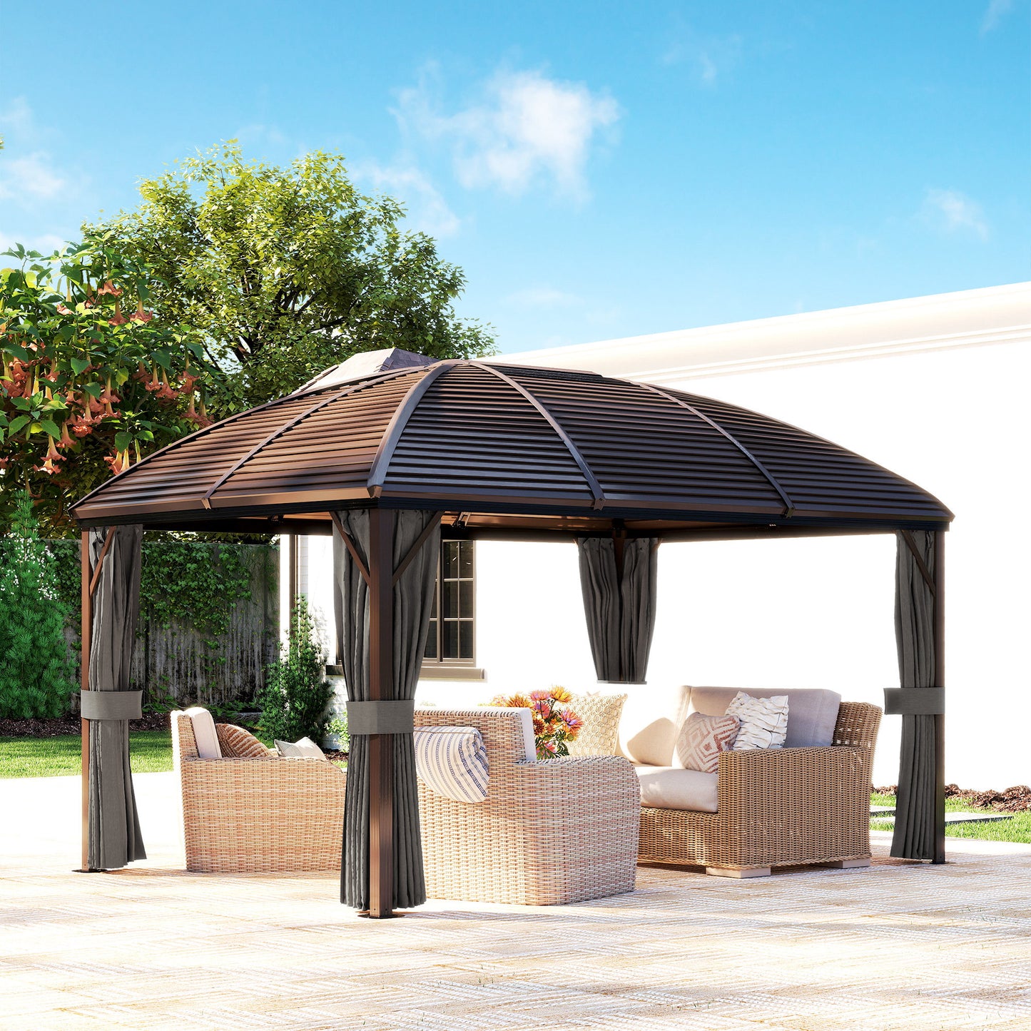 Outsunny 3m By 4m Hardtop Gazebo With Metal Roof And Aluminium Frame Pavilion With Netting Curtains In Dark Grey
