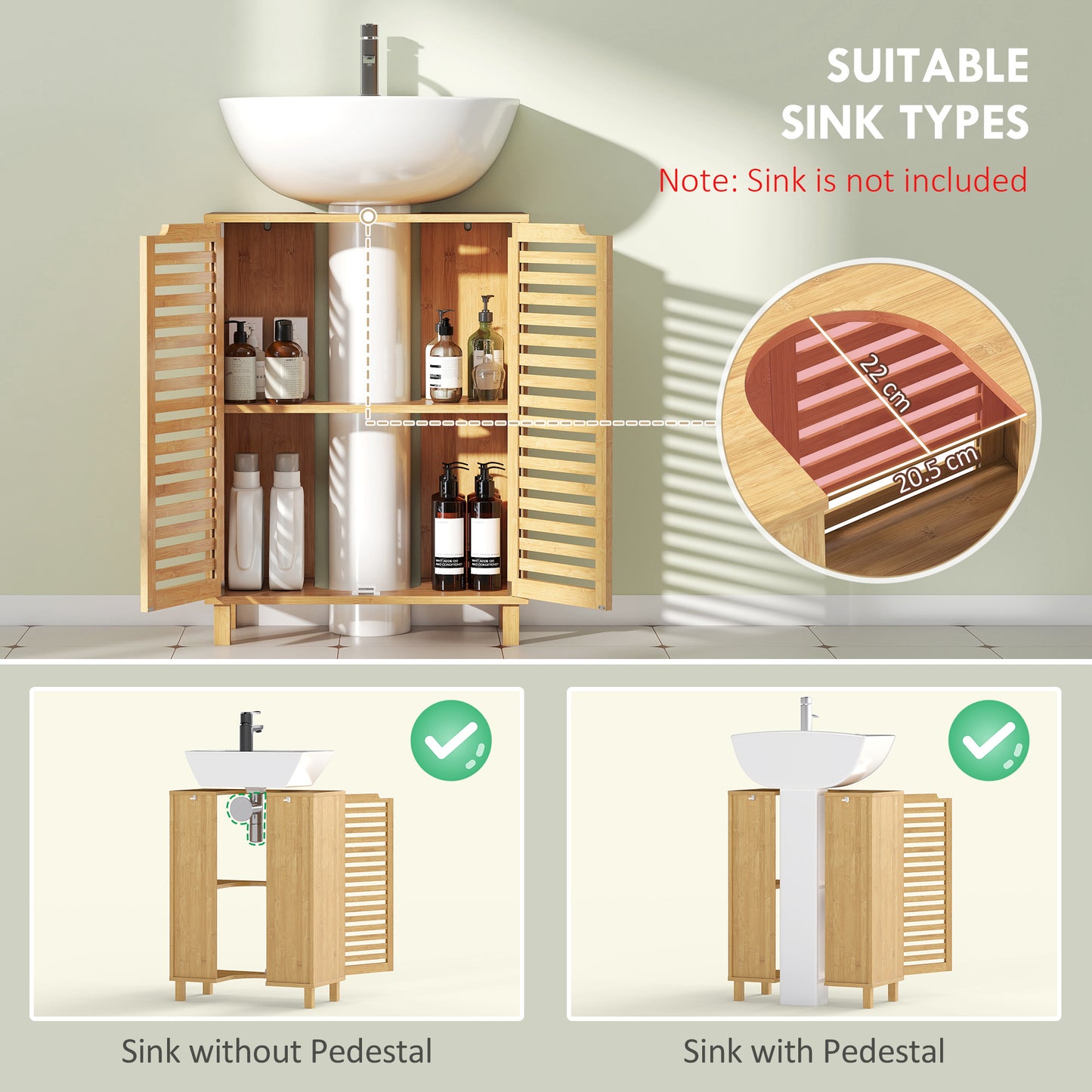 HOMCOM Under Sink Bathroom Cabinet Freestanding Bamboo Cabinet With Louvered Doors Adjustable Shelf Natural Finish