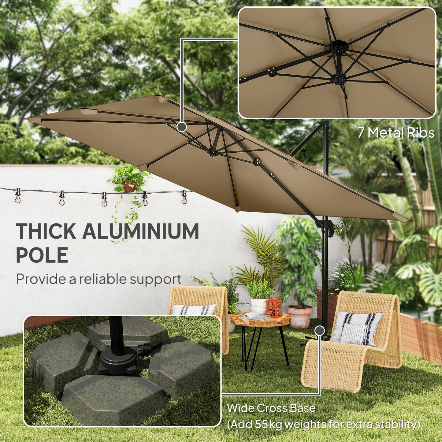 Outsunny 3x3m Cantilever Parasol Square Patio Umbrella With Crank Handle Cross Base Tilt 360 Degree Rotation Khaki