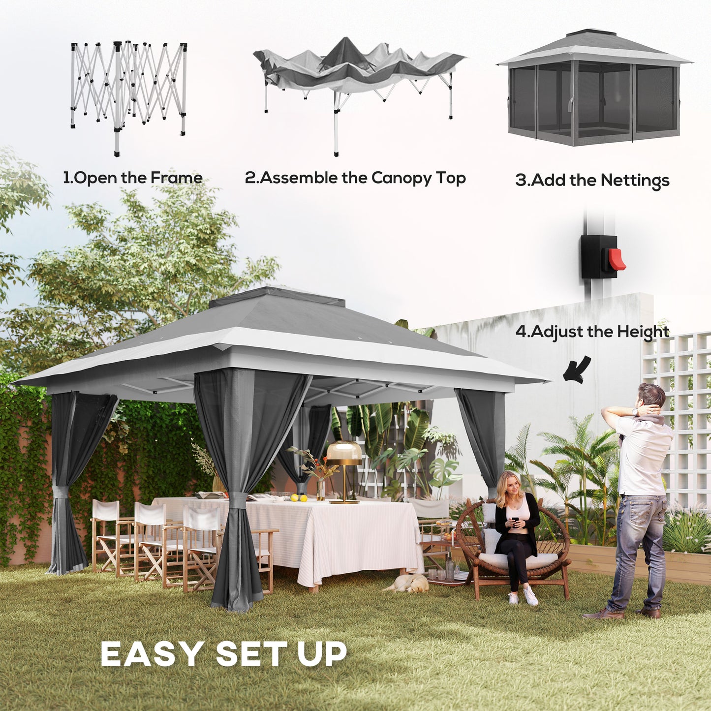 Outsunny 3.6x3.6m Pop Up Gazebo With Accessories UPF50 Canopy Removable Mesh Lining Adjustable Height 260 To 280cm Grey