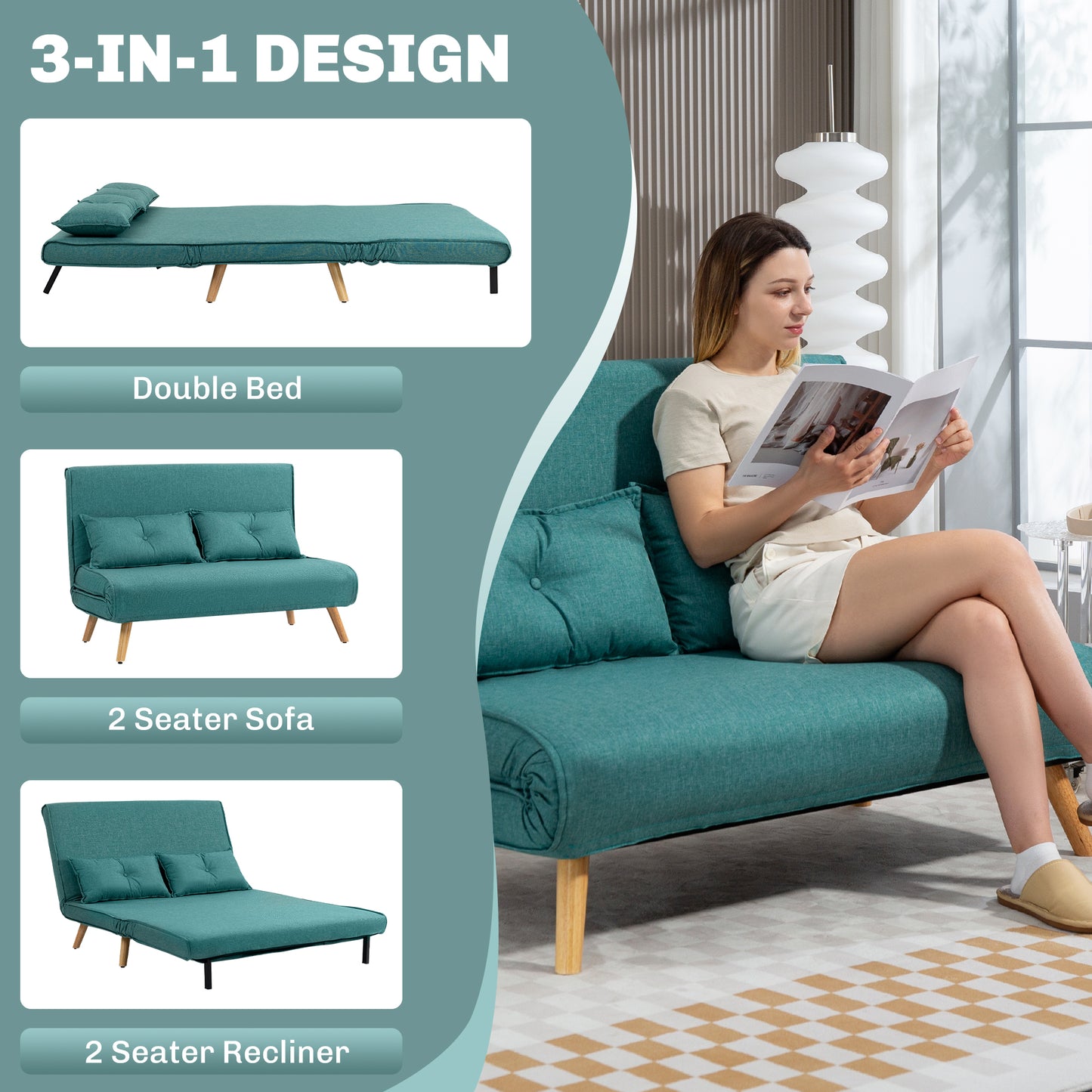 HOMCOM Two Seater Linen Look Sofa Bed Green With Click Clack Mechanism For Guests And Everyday Comfort