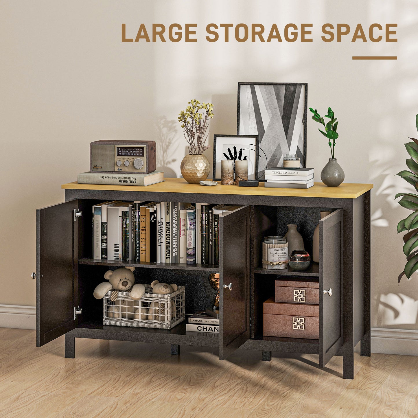 HOMCOM Sideboard Buffet Cabinet With Doors And Adjustable Shelves Black And Natural Wood Finish