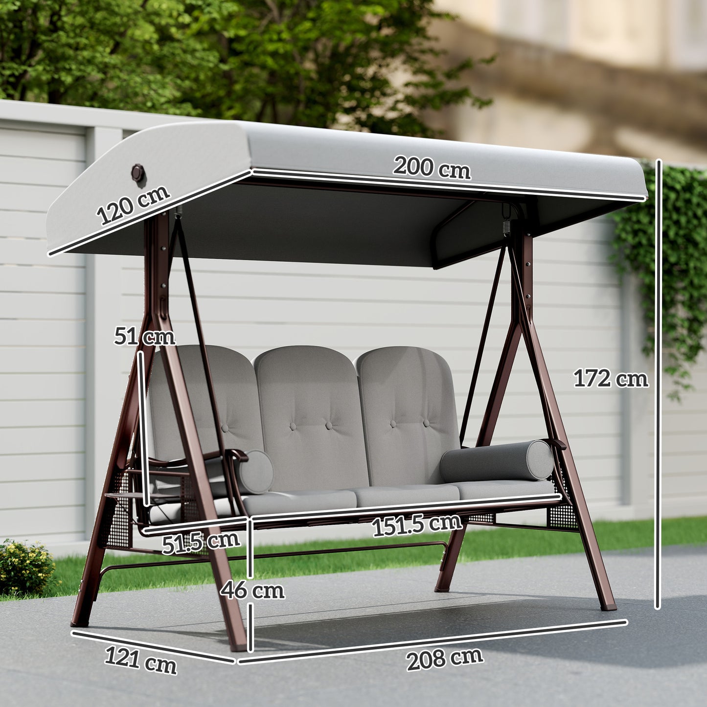 Outsunny Three Seater Canopy Swing Chair Garden With Adjustable Canopy Cushions Cup Trays Steel Frame Light Grey