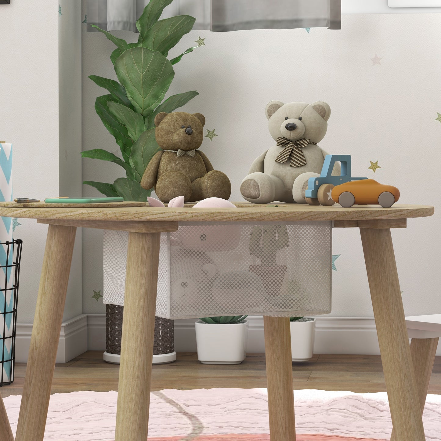 AIYAPLAY 3 Piece Kids Activity Table Set With Mesh Bag Bear Shaped Backrest For Arts And Crafts Reading And Dining
