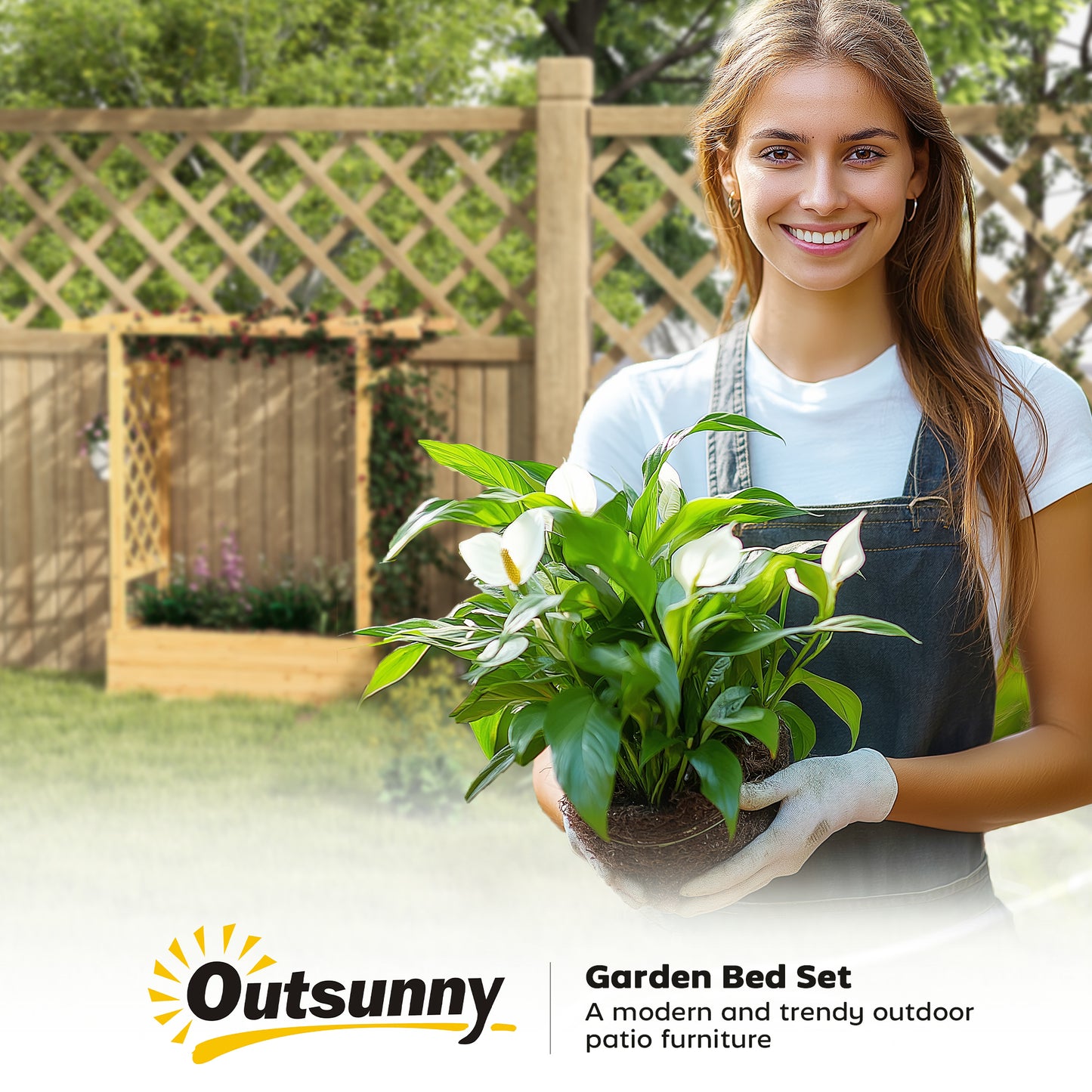 Outsunny Wooden Garden Planter With Trellis Raised Bed Box For Vegetables Herbs And Flowers 110 x 44 x 113 cm Natural