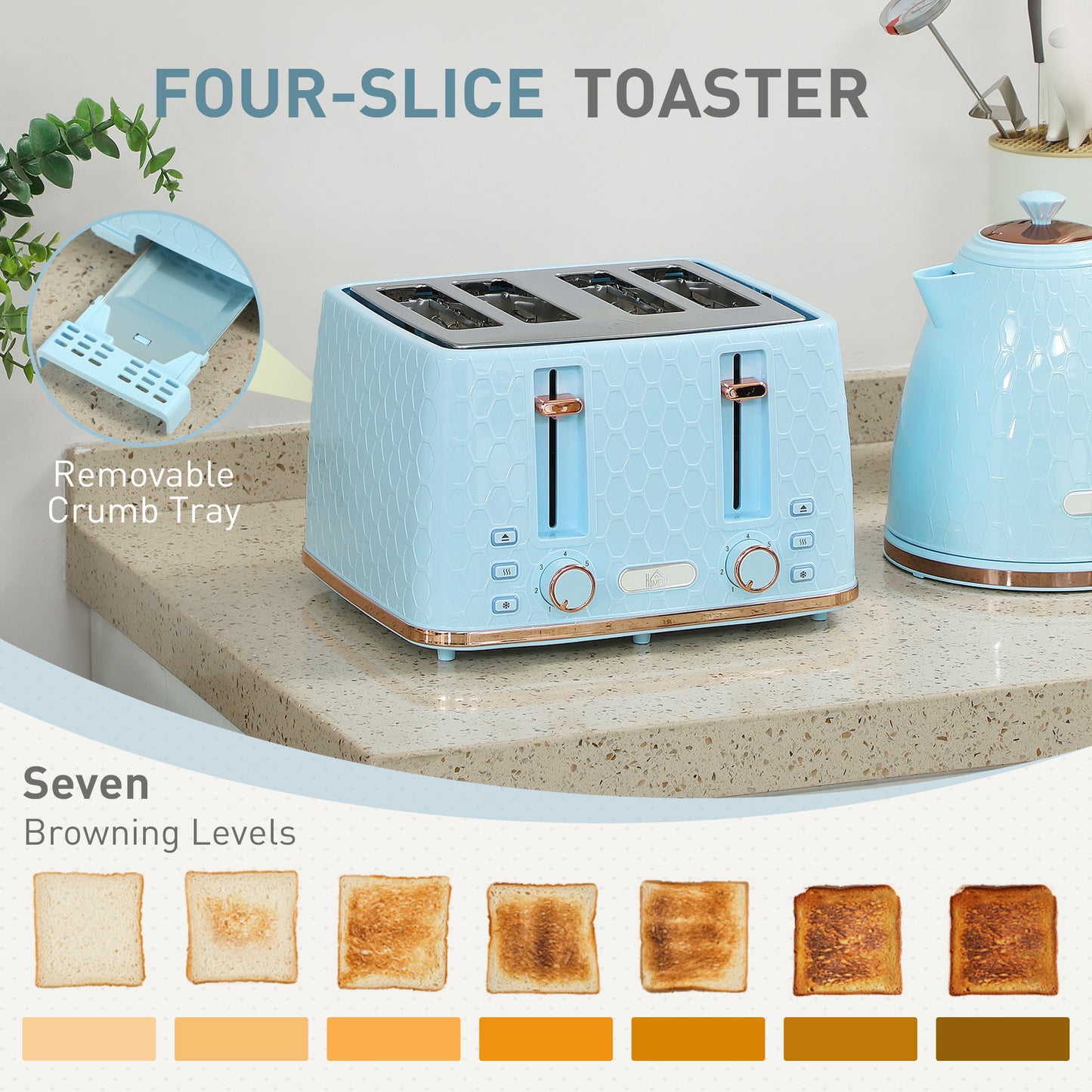 HOMCOM Kettle and Toaster Set 1.7L 3000W 4 Slice Toaster with 7 Browning Levels Light Blue Honeycomb Pattern