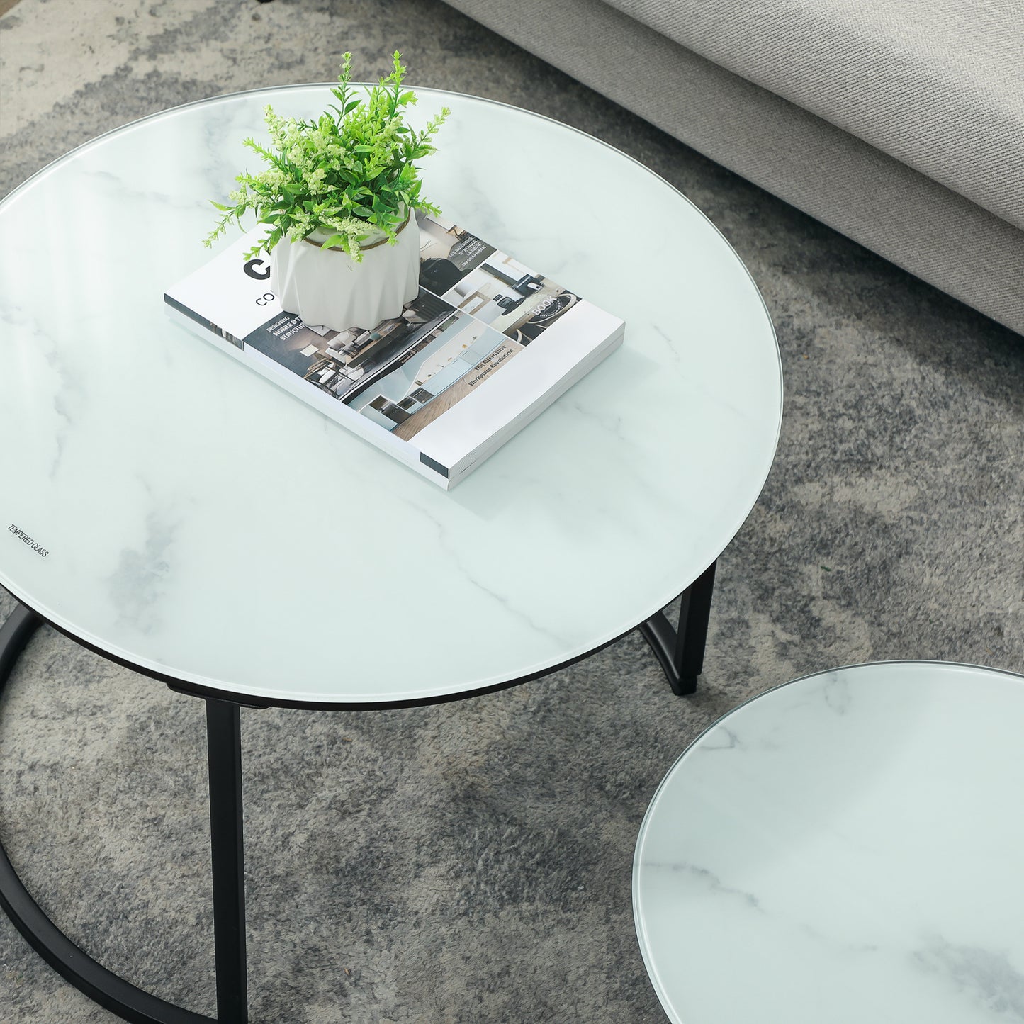 HOMCOM Glass Coffee Table Set Of 2 Nesting Tables With Marble Effect Tempered Glass Tabletops And White Steel Frame