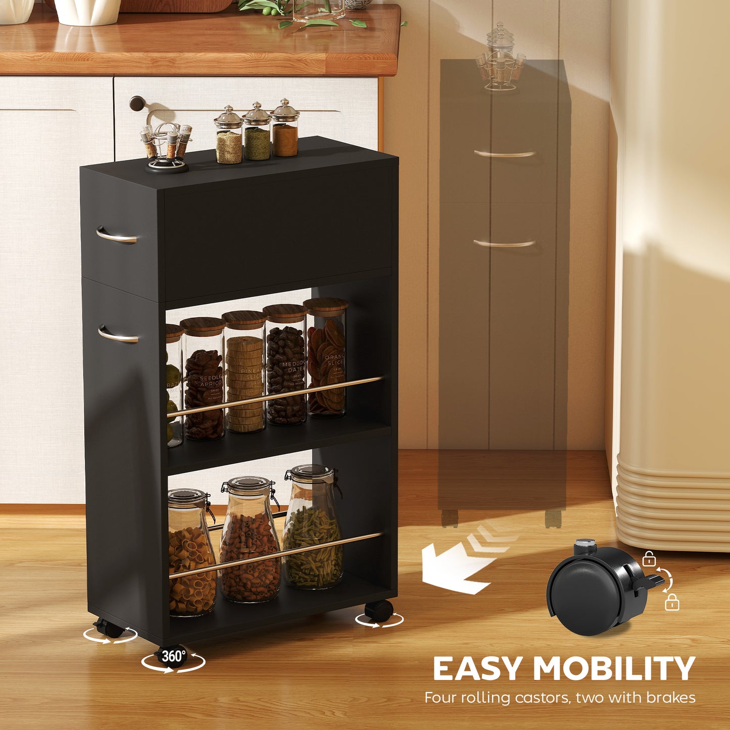 HOMCOM Rolling Storage Cart 3 Tier Kitchen Trolley With Drawer Surface Top And 4 Universal Wheels Black