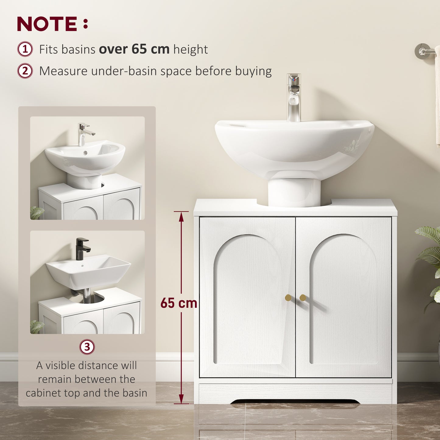 HOMCOM Under Sink Bathroom Cabinet White With Double Doors Fits Most Basins Three Level Adjustable Shelf Behind Doors
