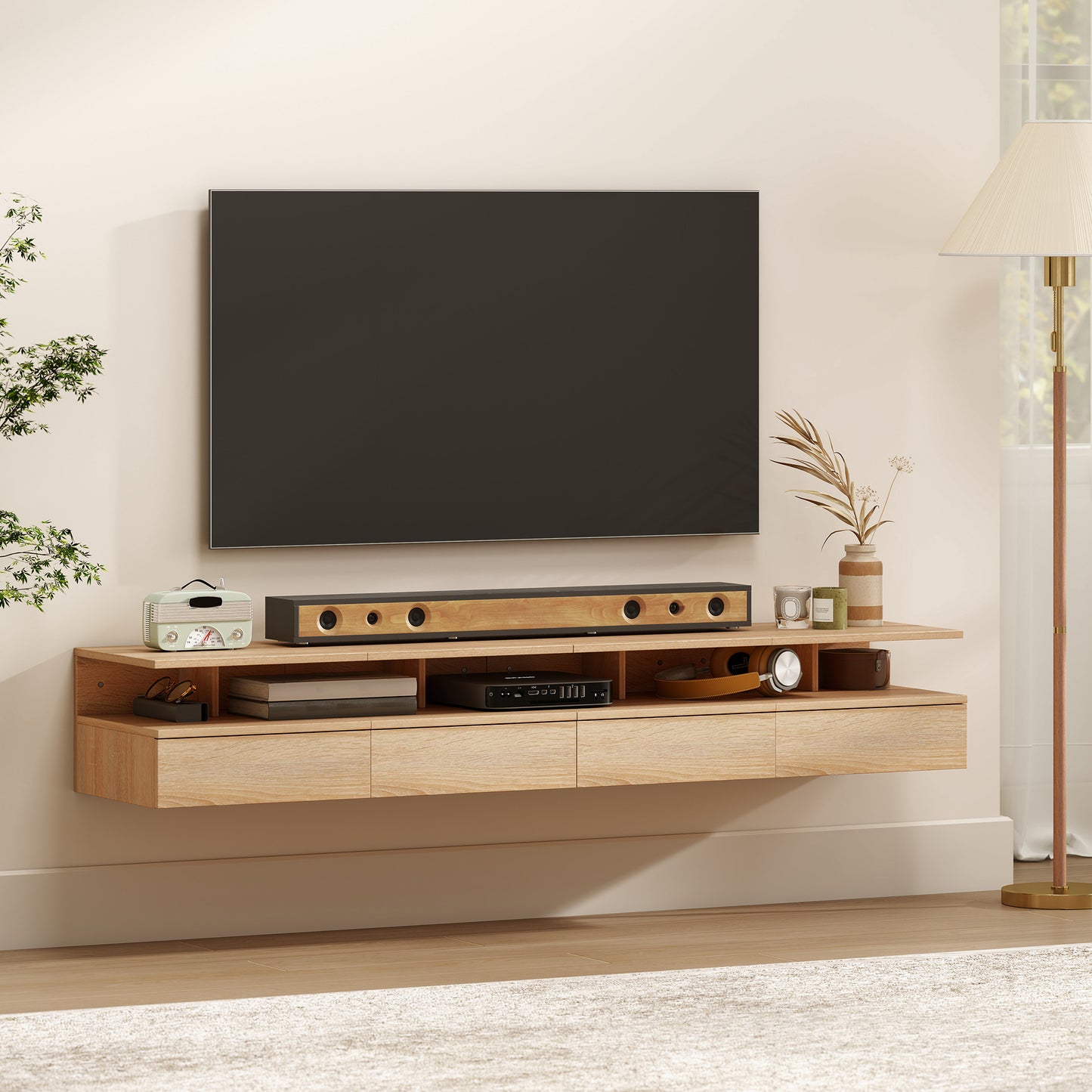 HOMCOM Set Of Two Floating Oak Bedside Tables With Drawers Open Shelf And Space Saving Design