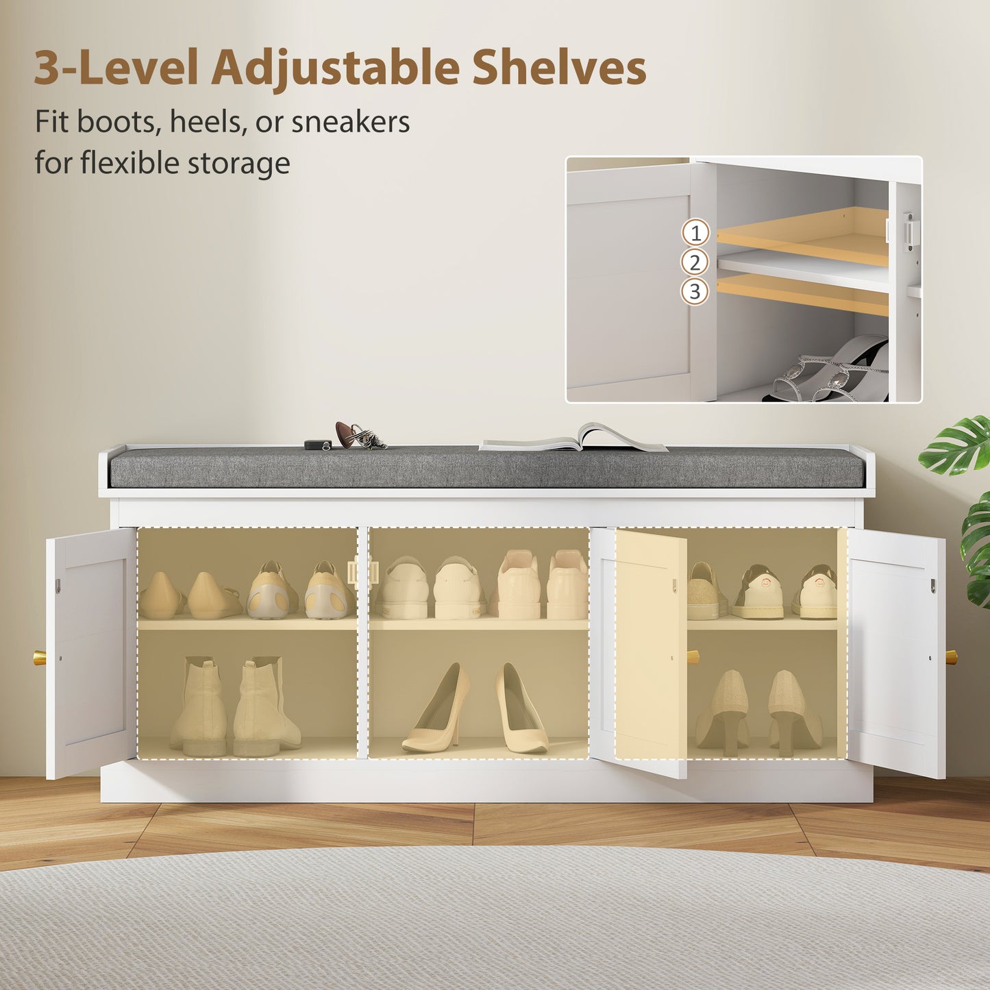 HOMCOM Shoe Storage Bench With Woven Rattan Doors And Soft Removable Cushion White