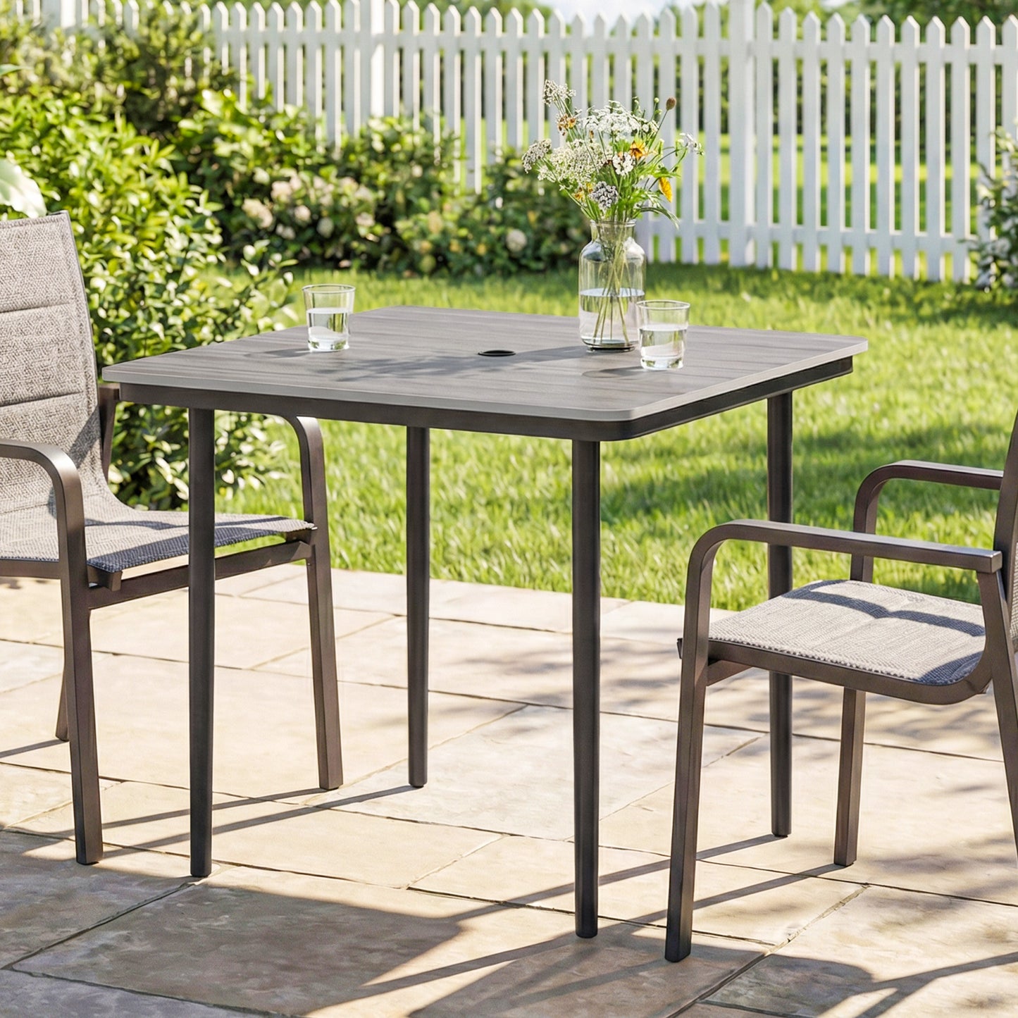 Outsunny Garden Dining Table For 4 With Umbrella Hole 85 Cm Square Faux Wood Top And Metal Legs Light Grey