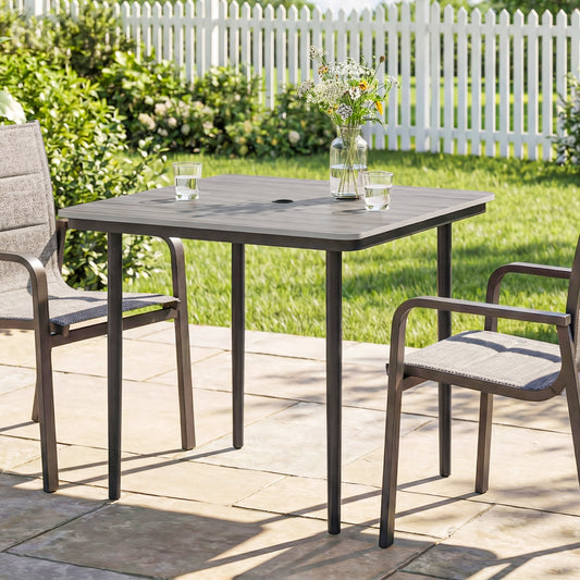 Outsunny Garden Dining Table For 4 With Umbrella Hole 85 Cm Square Faux Wood Top And Metal Legs Light Grey