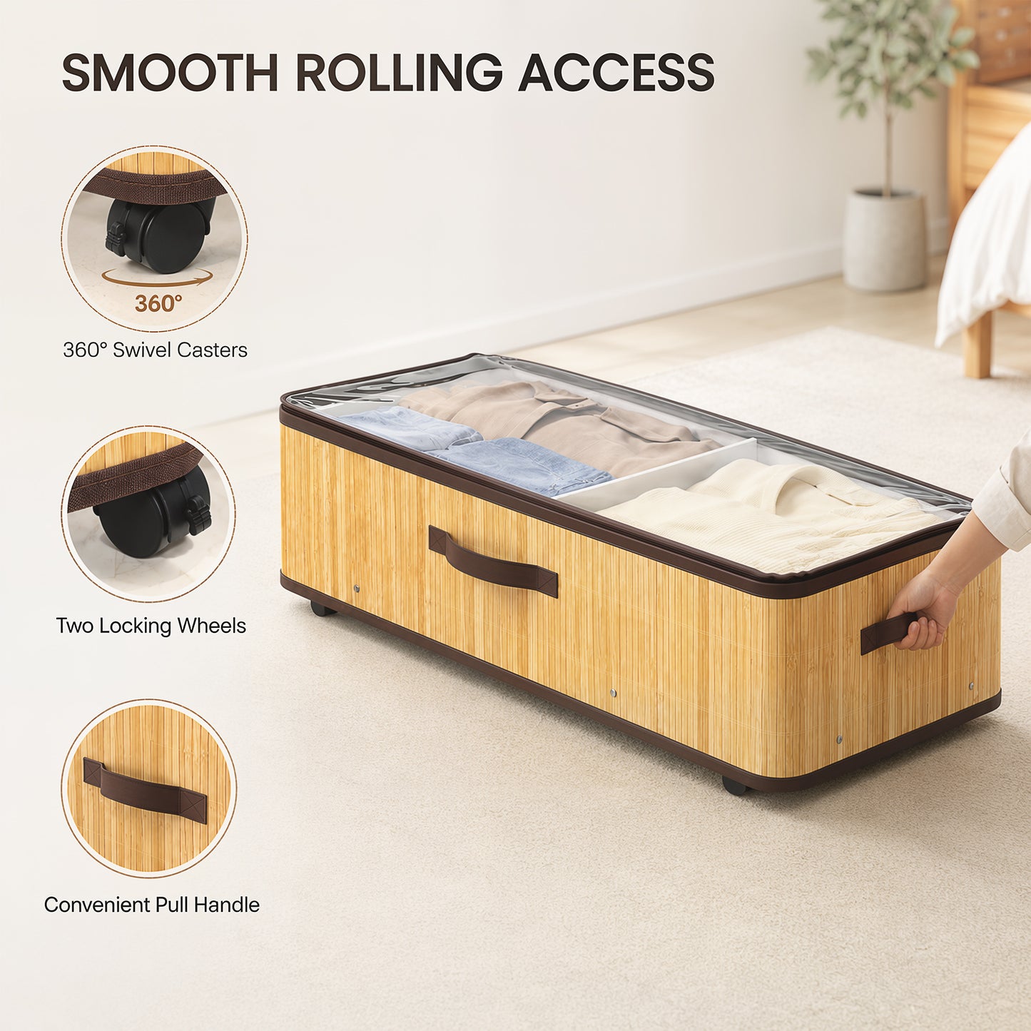 HOMCOM 60L Under Bed Storage Boxes With Wheels And Clear Lid Natural Pack Of 2