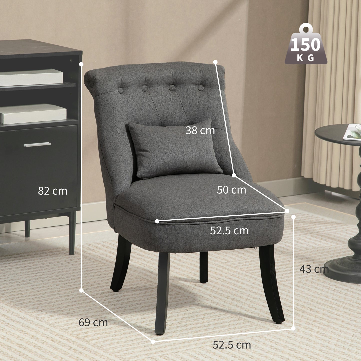 HOMCOM Fabric Upholstered Tub Chair With Pillow Solid Wood Legs Charcoal Grey Living Room Accent Chair