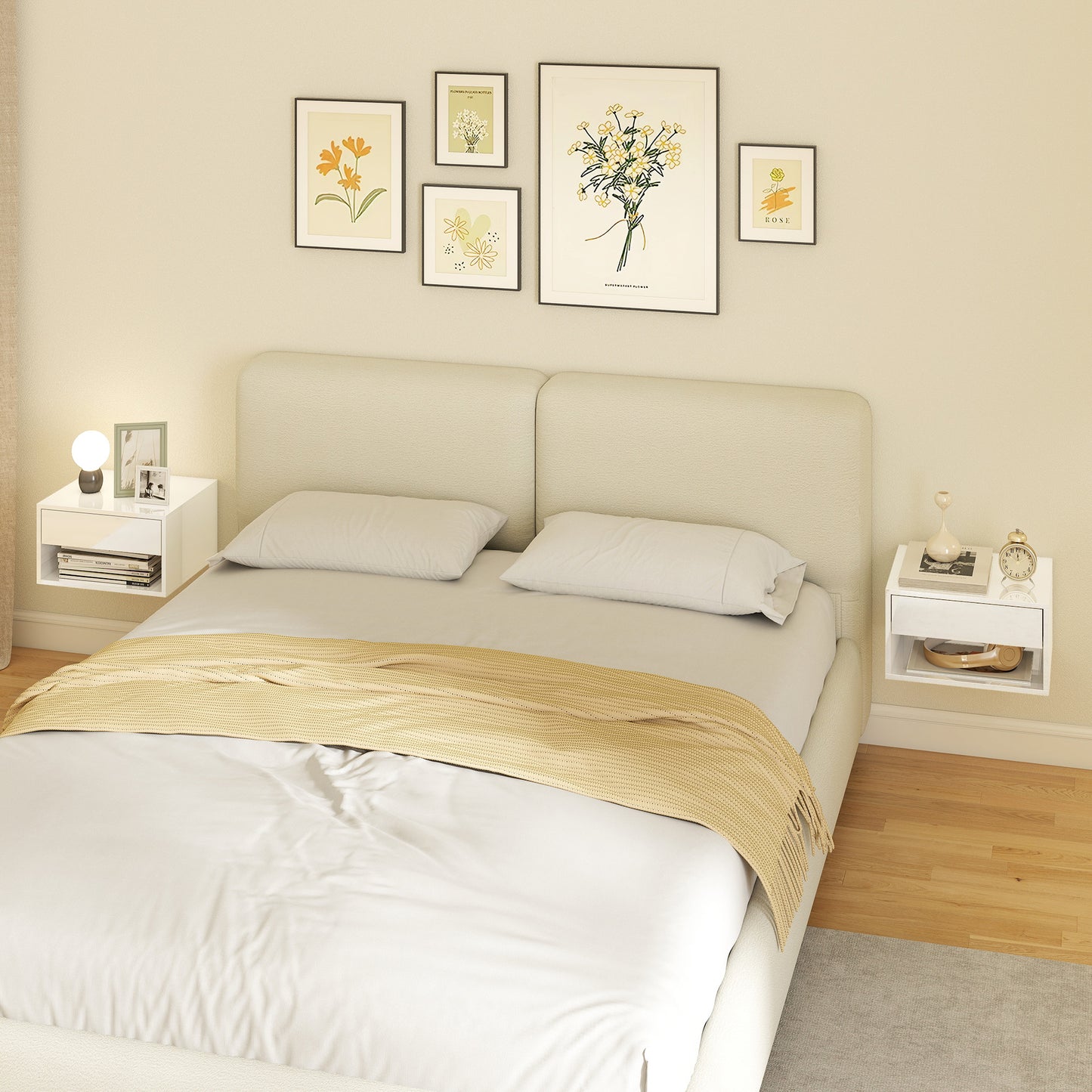 HOMCOM Set of Two Floating Bedside Tables Wall Mounted Nightstands with Drawer and Open Shelf High Gloss White