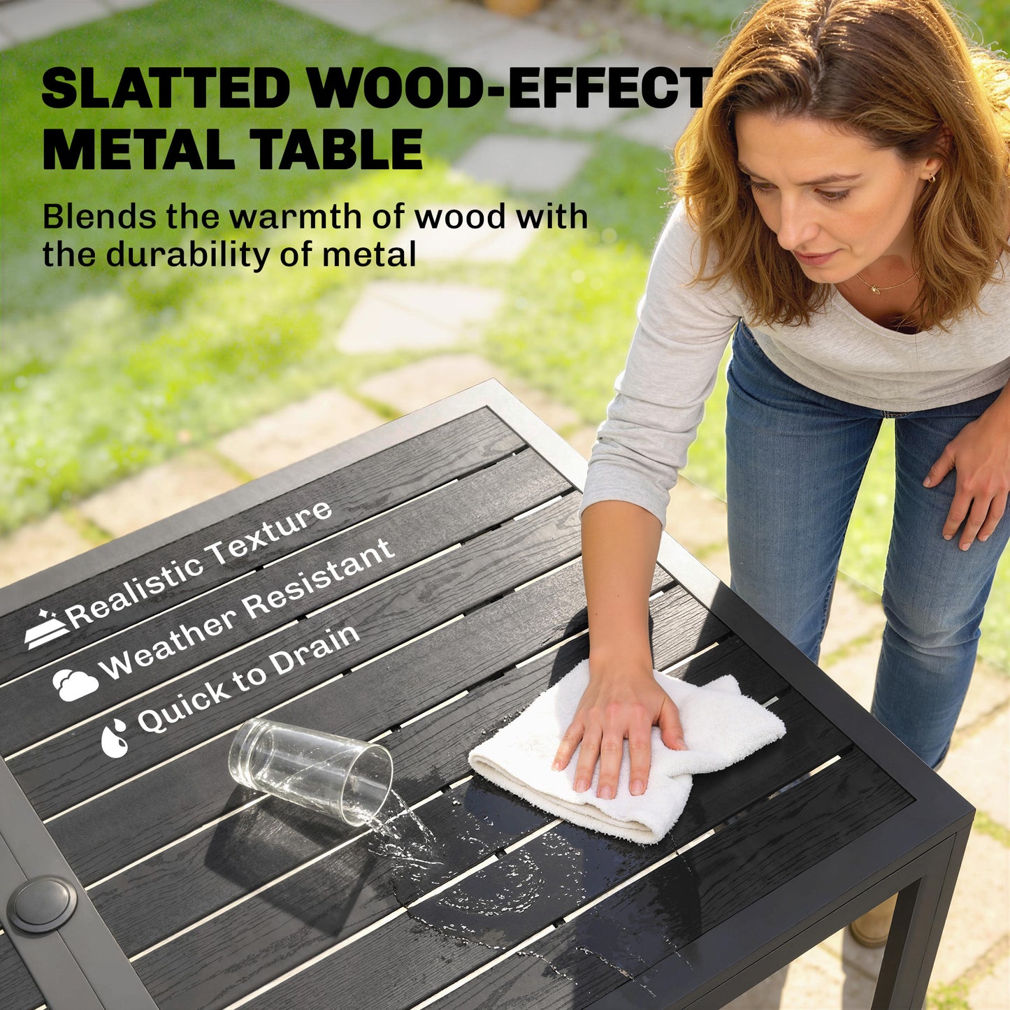 Outsunny Outdoor Garden Dining Set For Six With Faux Wood Table And Stackable Metal Chairs Rattan Effect Seats Black