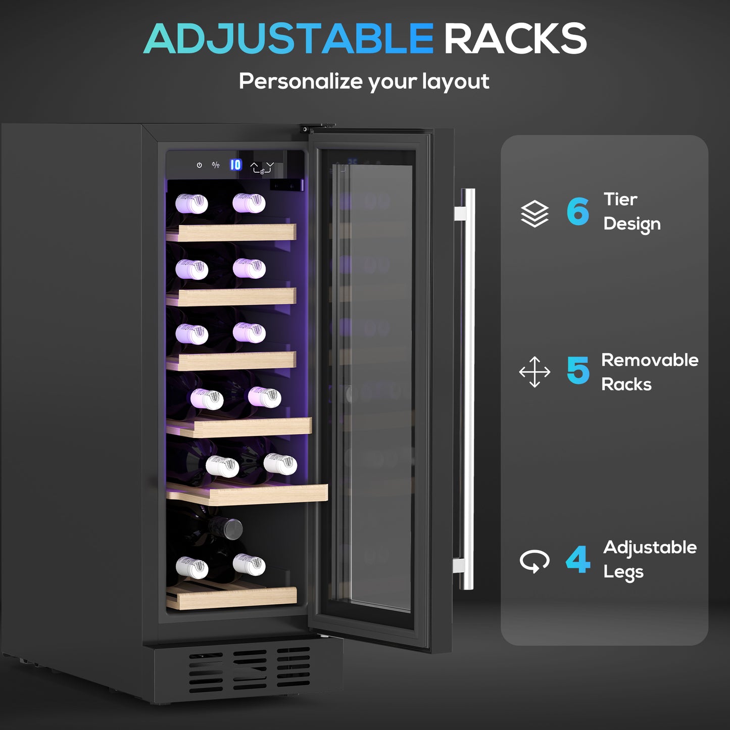 HOMCOM 19 Bottle Wine Fridge with Wooden Racks, Adjustable Space for Larger Bottles, Glass Door 5-18 Celsius Black