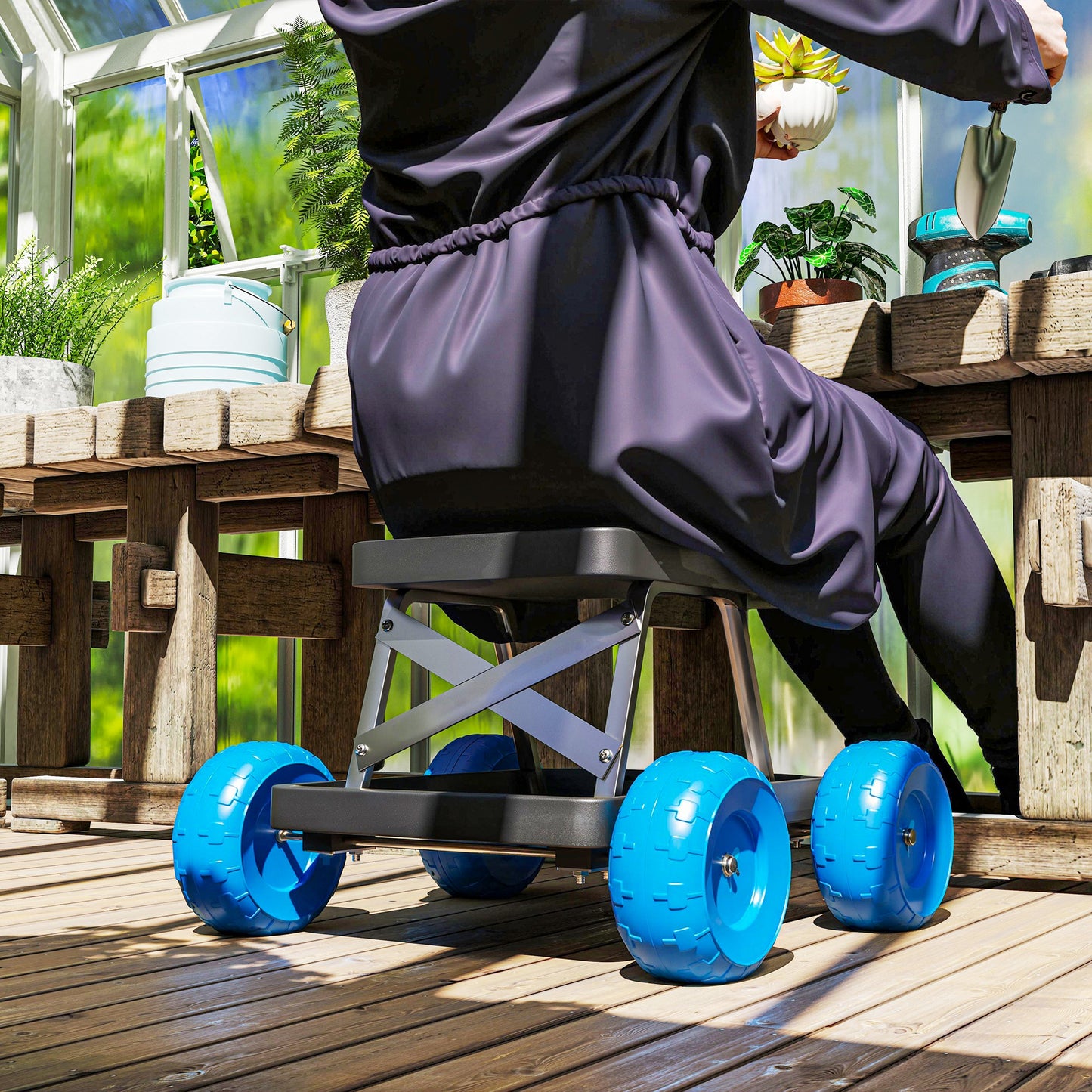 Outsunny Garden Storage Cart With Top Seat Blue Built In Tool Tray And Wide Plastic Wheels
