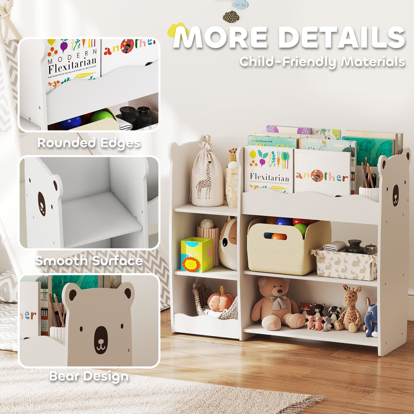 AIYAPLAY Bear Design Kids Toy Storage Unit Bookshelf And Organizer For Bedroom Nursery Playroom White