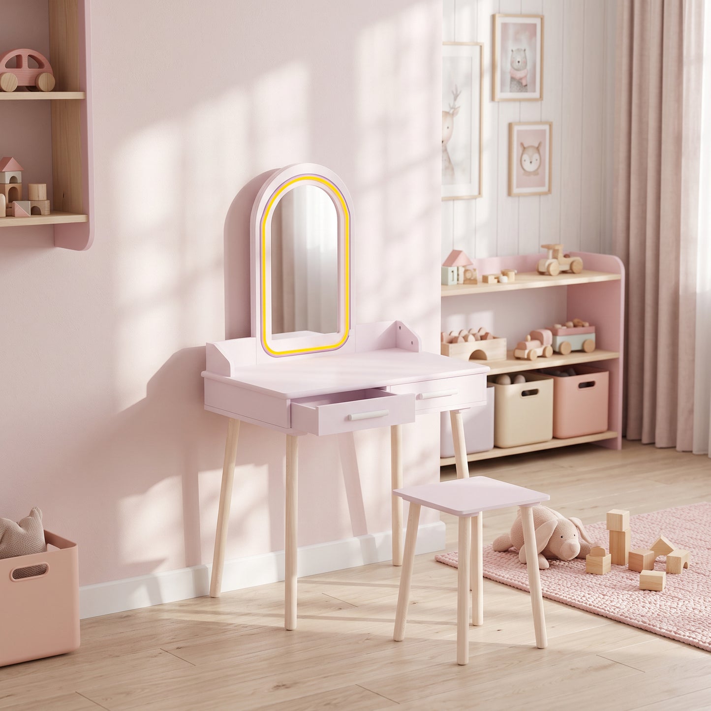 AIYAPLAY Kids Dressing Table And Stool Set With LED Mirror Three Colour Lights Pink For Ages 3 To 8