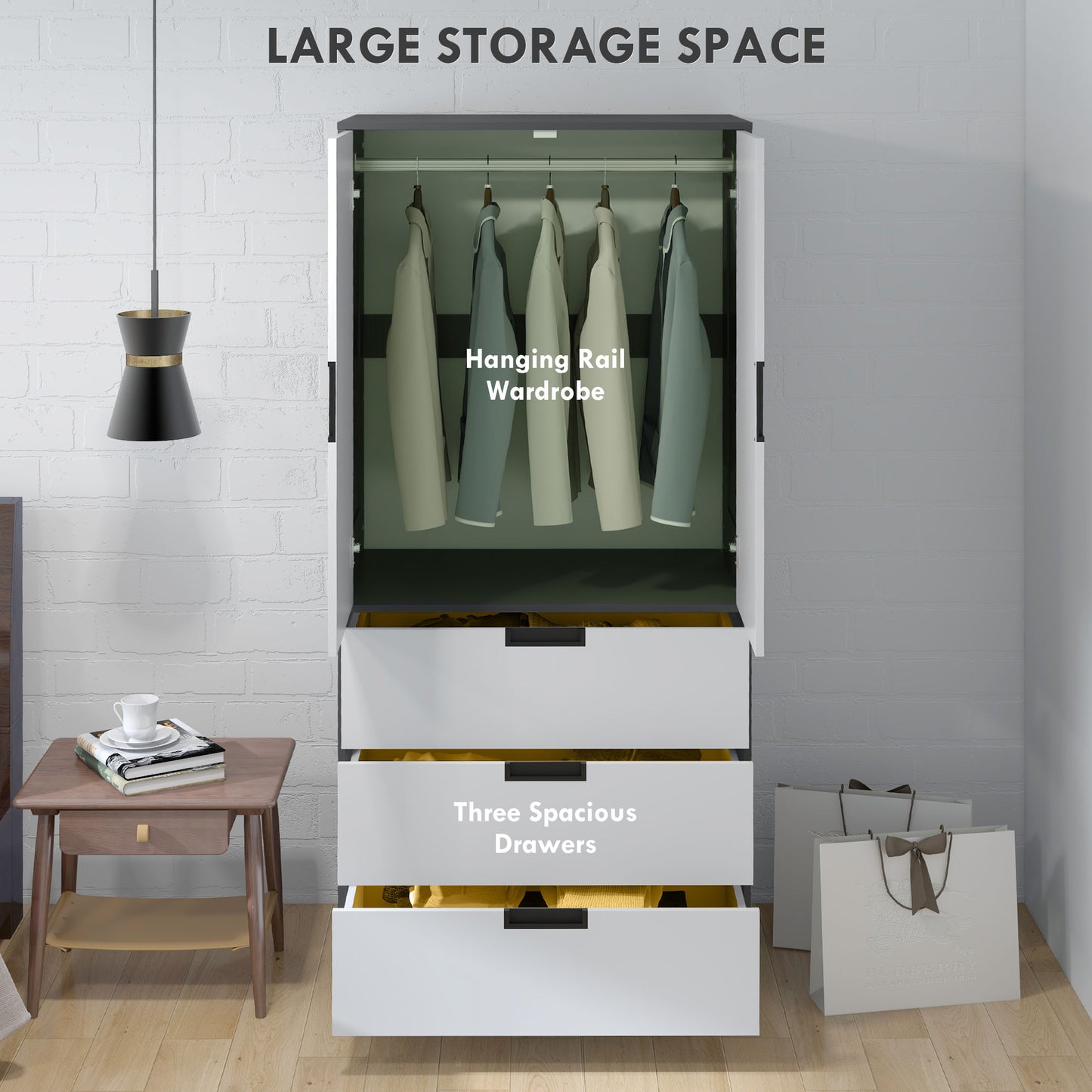 HOMCOM Modern Clothes Storage Cupboard Unit With Hanging Rod 2 Doors And 3 Drawers Grey Wardrobe