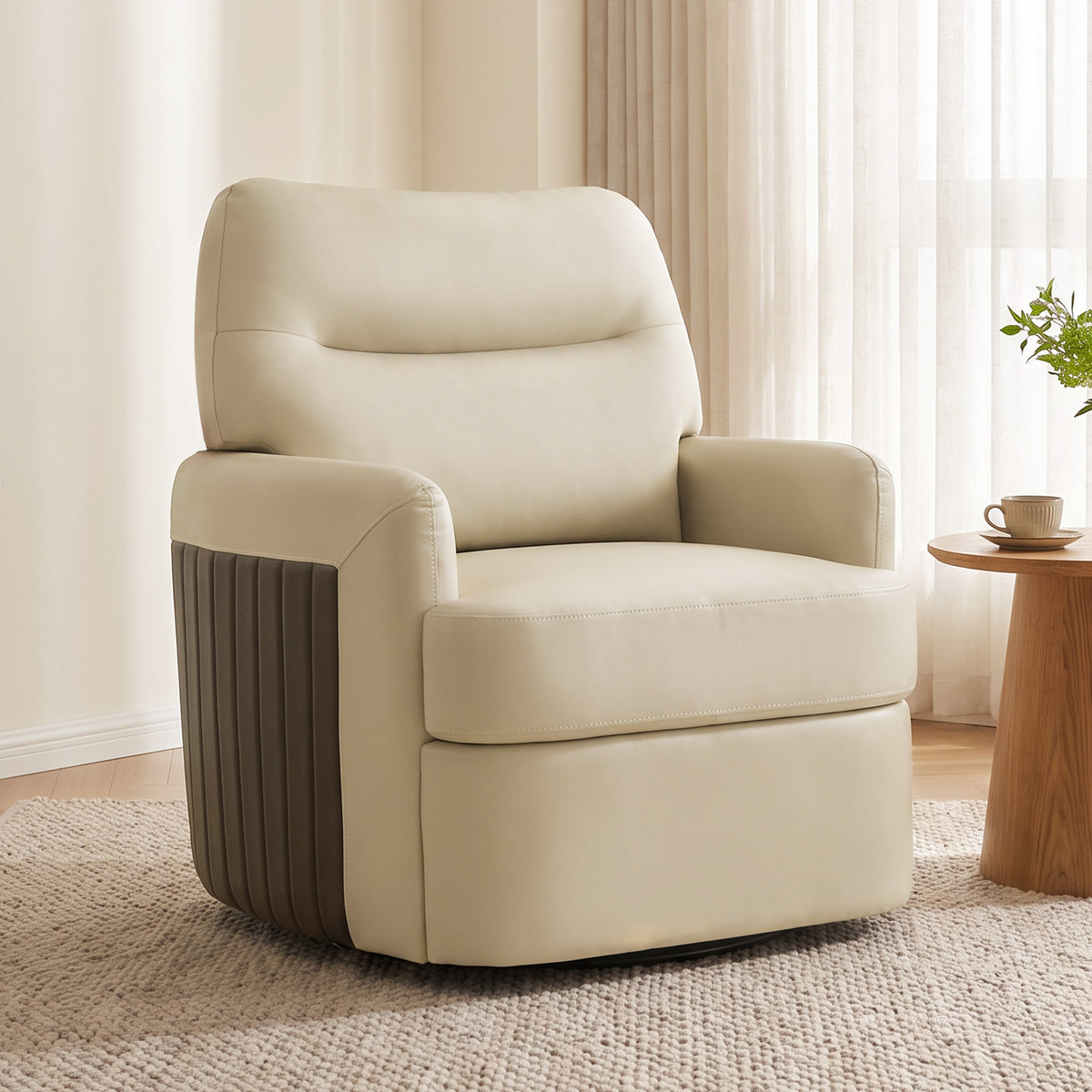 Cream faux leather swivel accent chair with rounded back and dark-brown ribbed sides