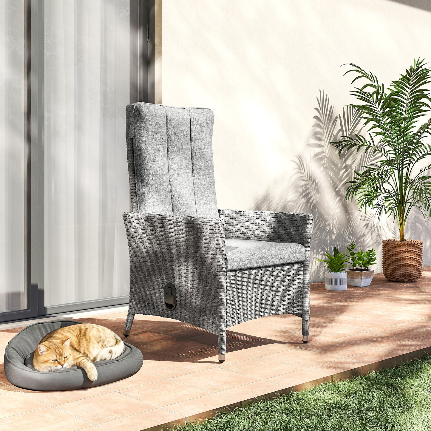 Outsunny 105 To 150 Degree Reclining Rattan Chair With Cushioned Seat Outdoor Light Grey