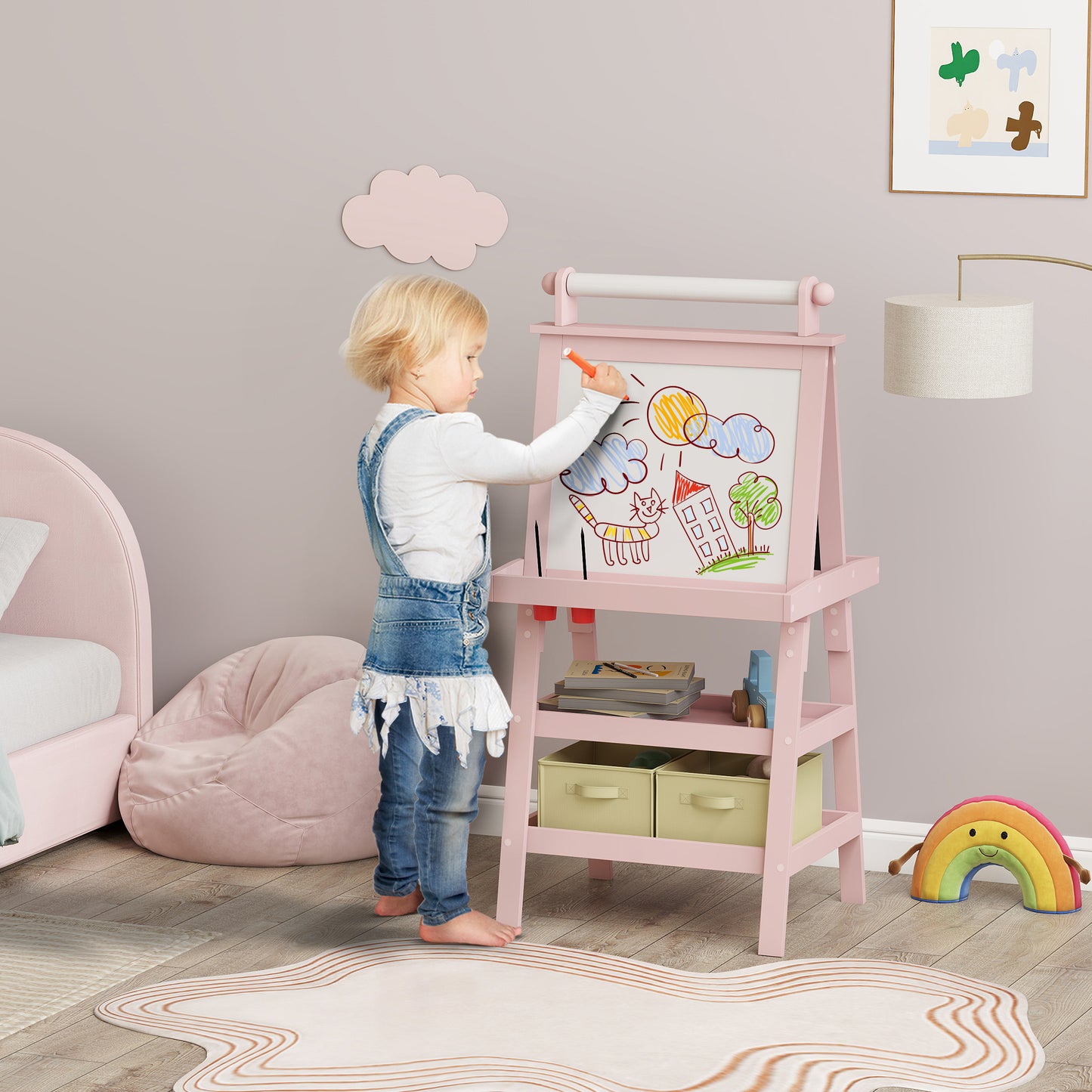 AIYAPLAY 3 In 1 Kids Easel Double Sided Magnetic Whiteboard And Chalkboard With Paper Roll And Storage Baskets Pink