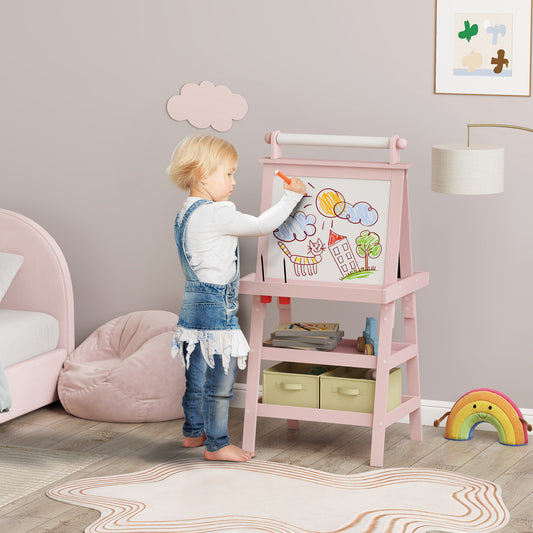 AIYAPLAY 3 In 1 Kids Easel Double Sided Magnetic Whiteboard And Chalkboard With Paper Roll And Storage Baskets Pink