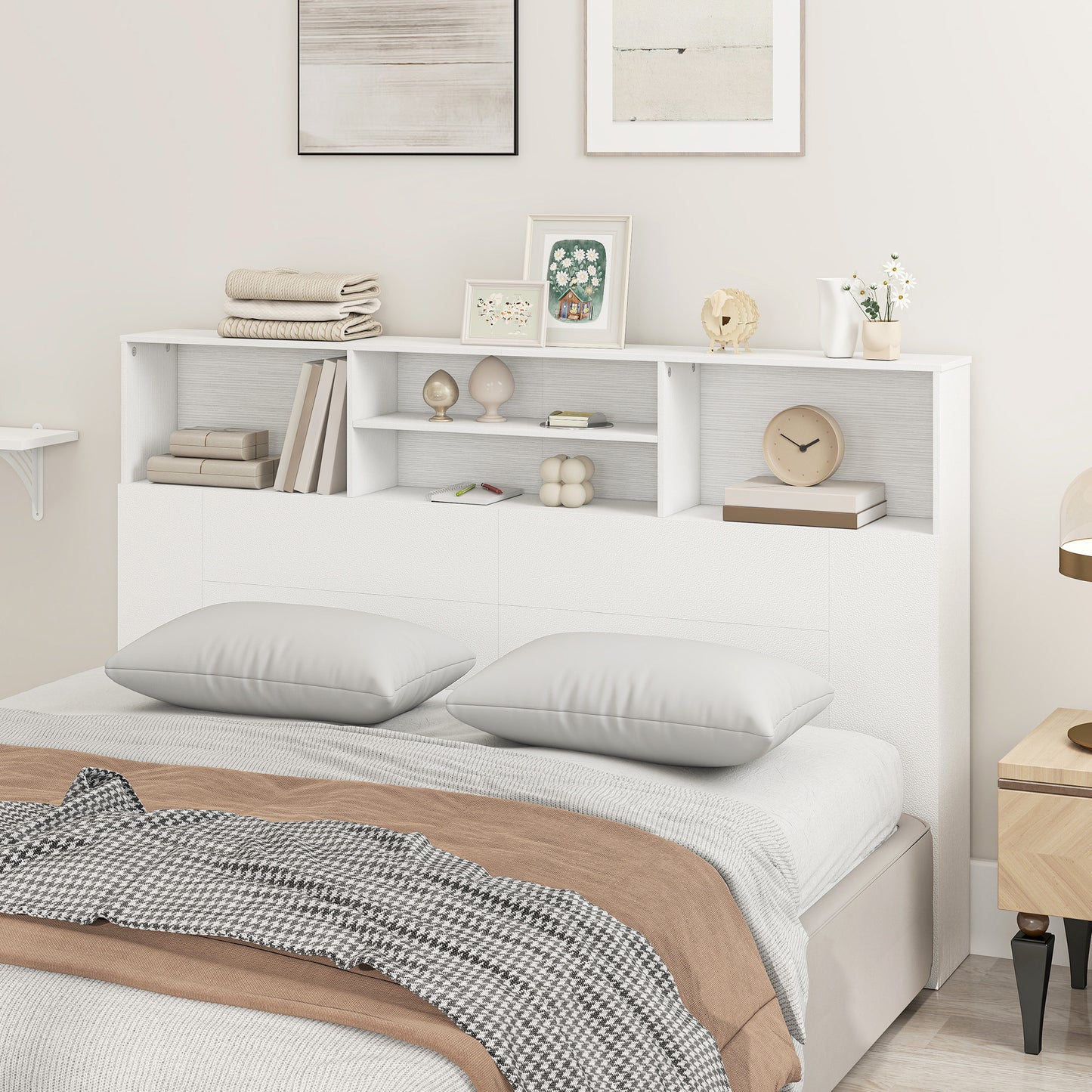 HOMCOM King Size Freestanding Bed Headboard With Storage 4 Open Compartments For Bedroom White