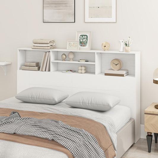 White king-size freestanding bed headboard with storage shelves and open cubbies