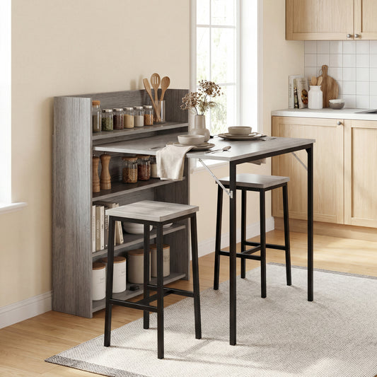 HOMCOM Kitchen Table Folding Dining Table With 4 Tier Shelves Modern Drop Leaf Table Grey Wood Effect
