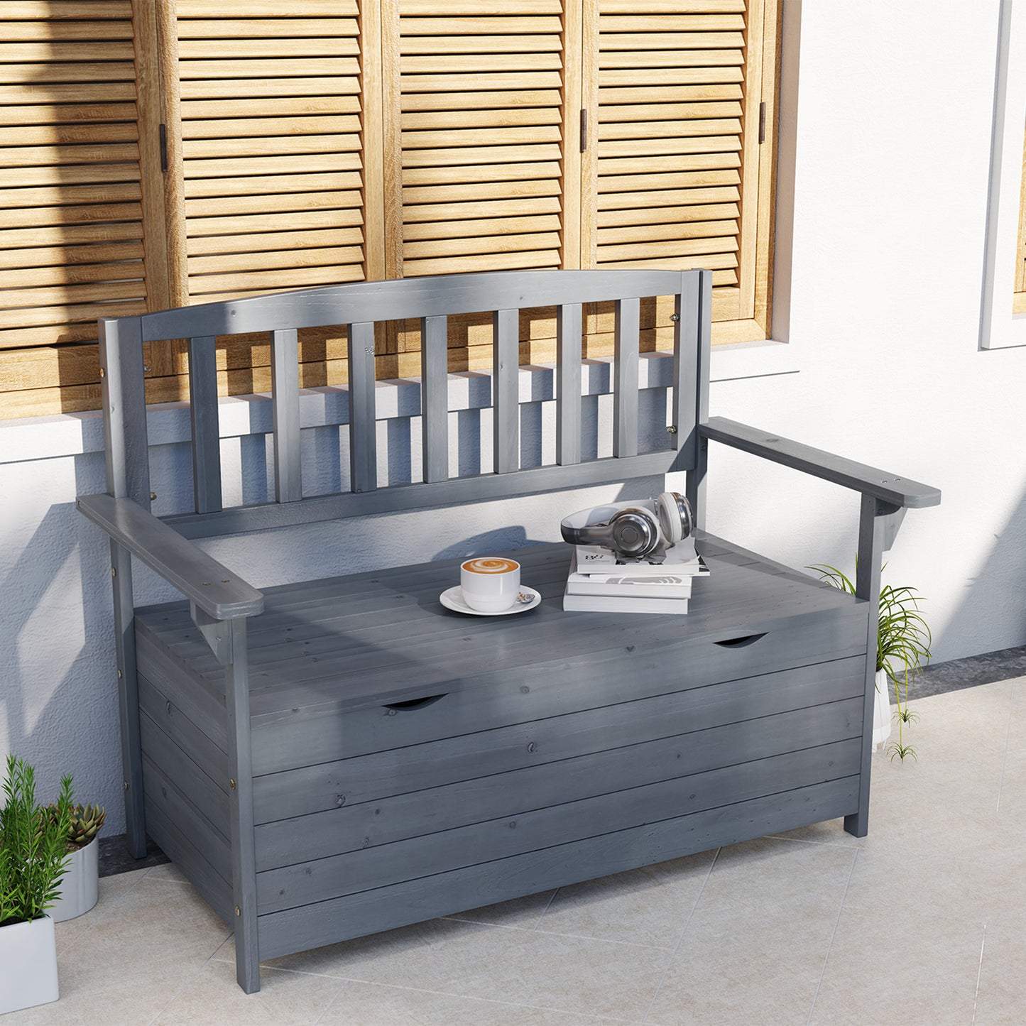 Outsunny Two Seater Garden Storage Bench Built From Fir Wood With Hidden Tool Storage Grey