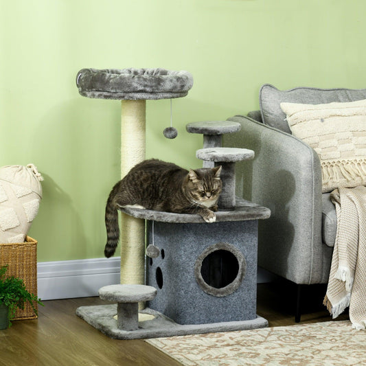 PawHut 92cm Cat Tree for Indoor Cats, Cat Tower with Scratching Posts, House, Bed, Grey - ALL4U RETAILER LTD