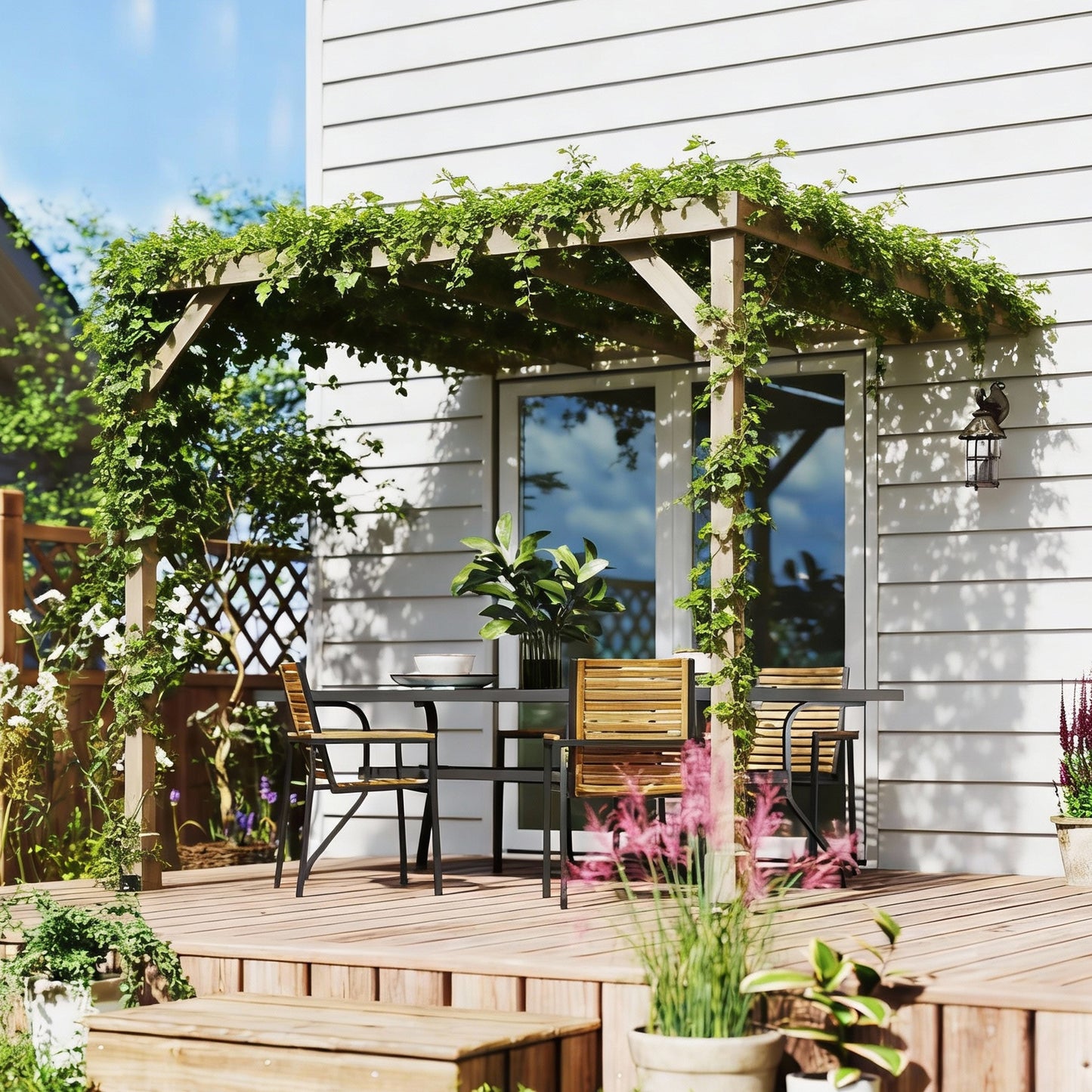 Outsunny Lean To Wooden Pergola Kit 2.4 By 2.4m Garden Gazebo With Stable Structure And Concrete Anchors Light Brown