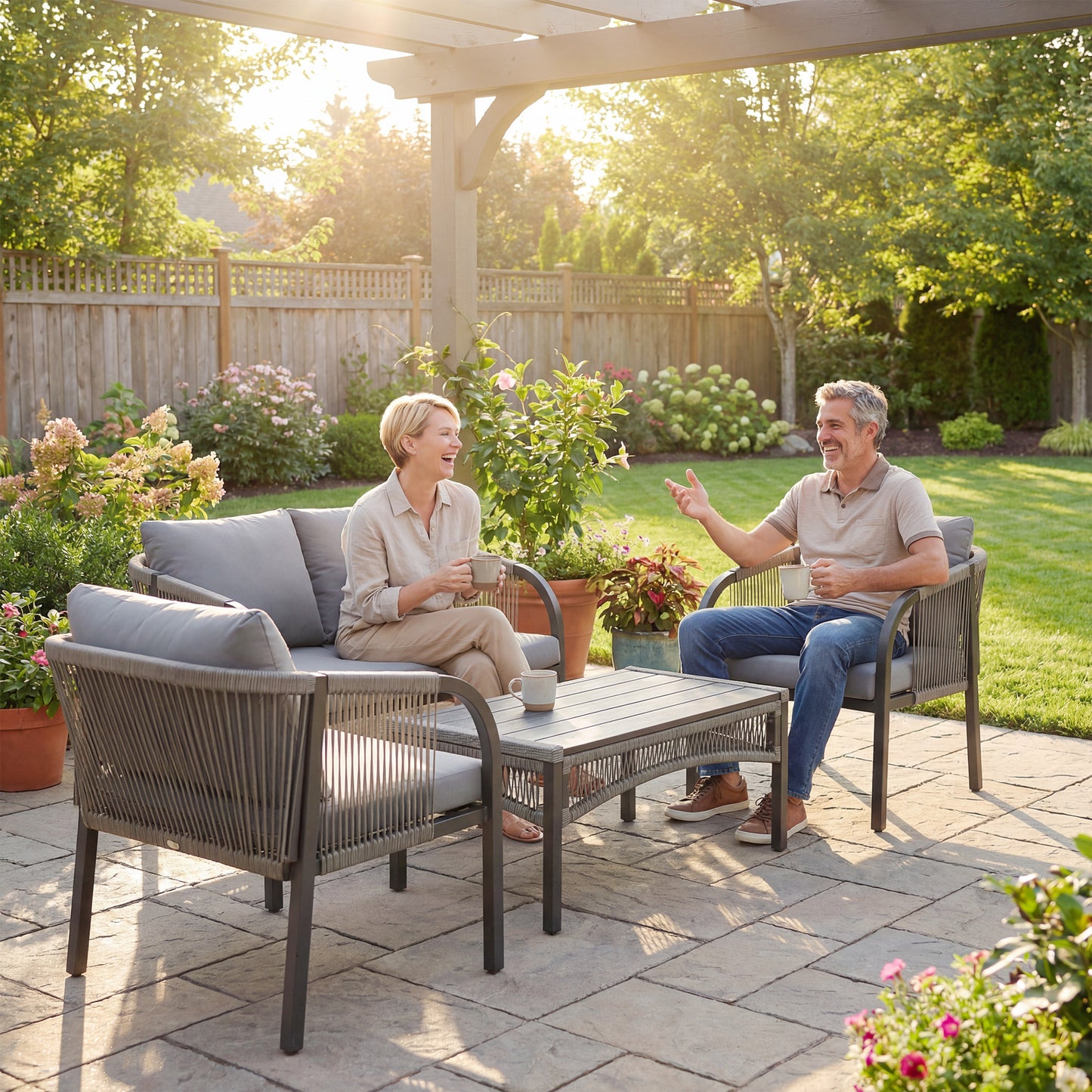 Outsunny 4 Piece Rattan Garden Furniture Set Loveseat Armchairs Table Steel Frame Wicker Patio Conversation Set Grey