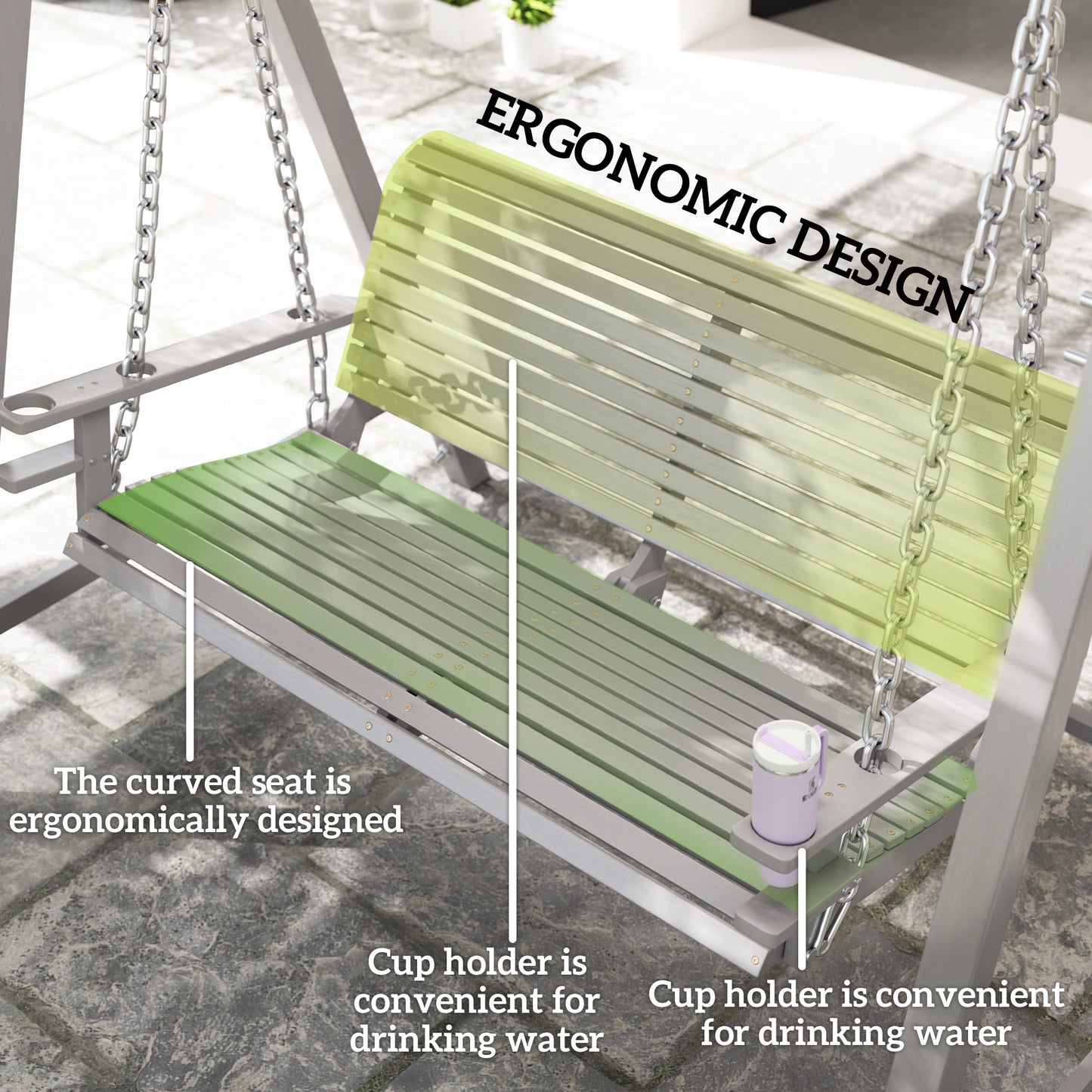 Outsunny 2 Seater Garden Swing Chair Bench In Grey With Cup Holders Solid Larch Wood Construction For Outdoor Patio