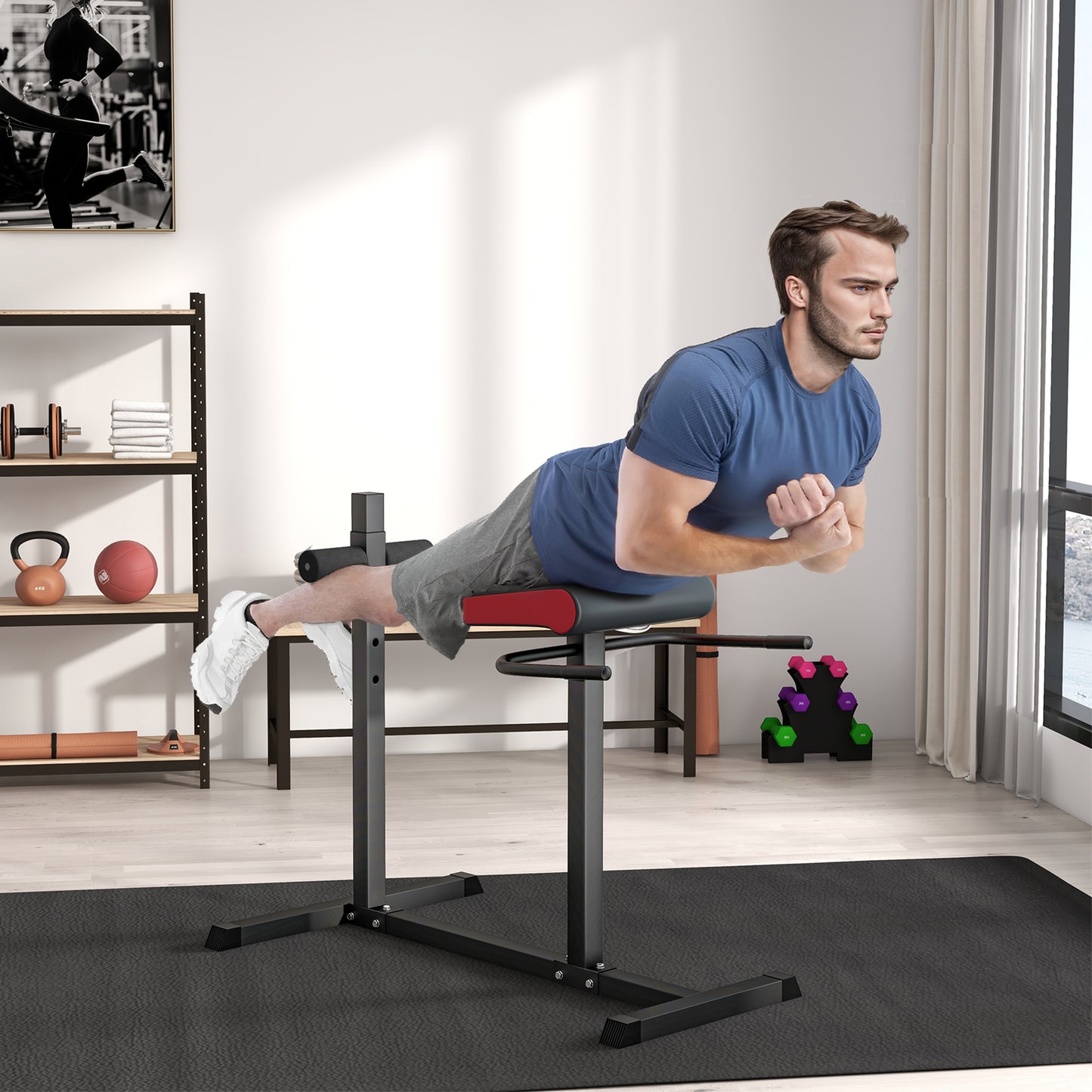 SPORTNOW Adjustable Hyperextension Roman Chair for Core Strength Training with Leg Rollers - ALL4U RETAILER LTD