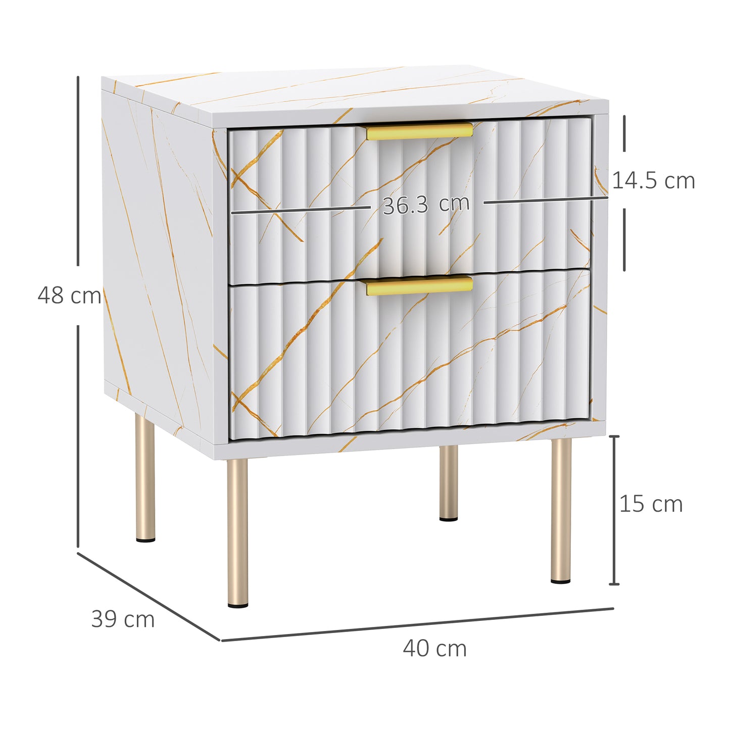 HOMCOM Marble Pattern Two Drawer Bedside Table in White With Fluted Drawers and Gold Accents