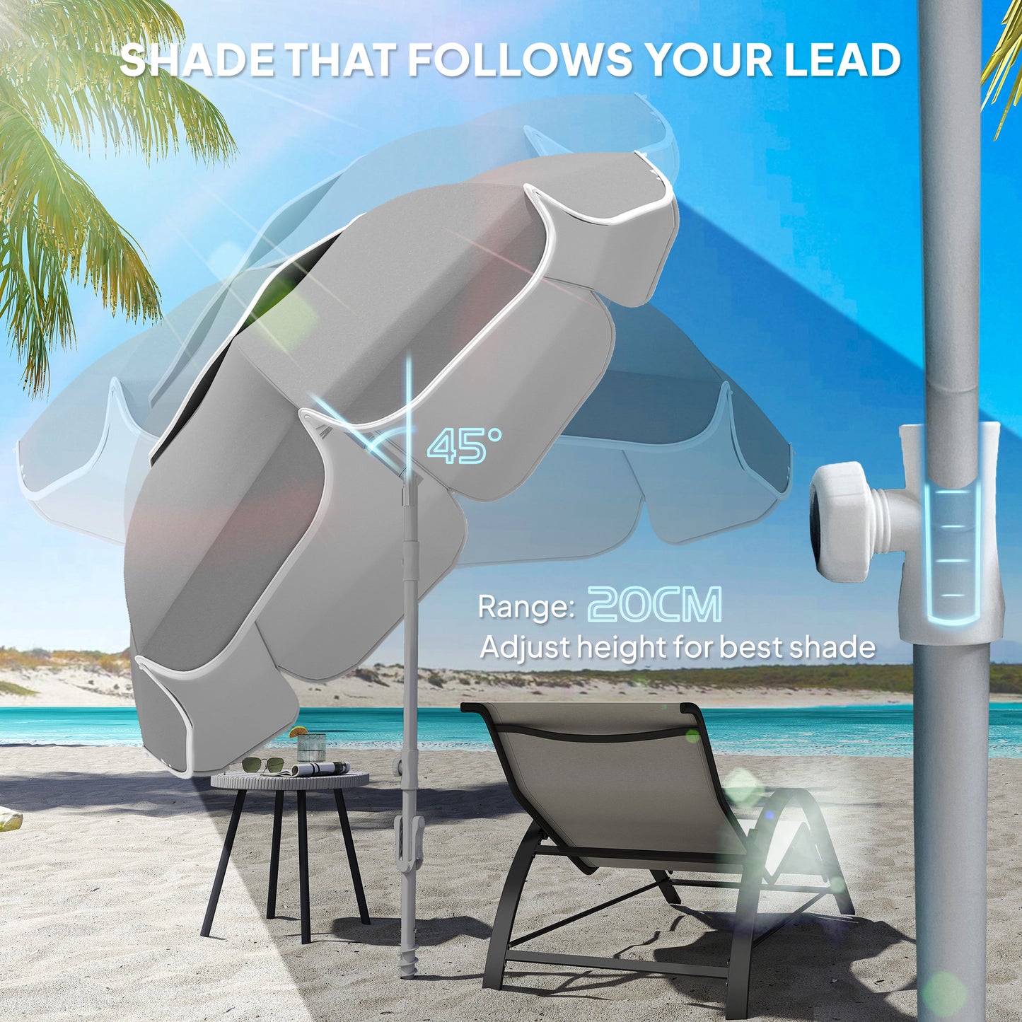 Outsunny Beach Umbrella Portable Sand Anchor With Carry Bag Adjustable Height Tilt UPF50 UV Protection Grey
