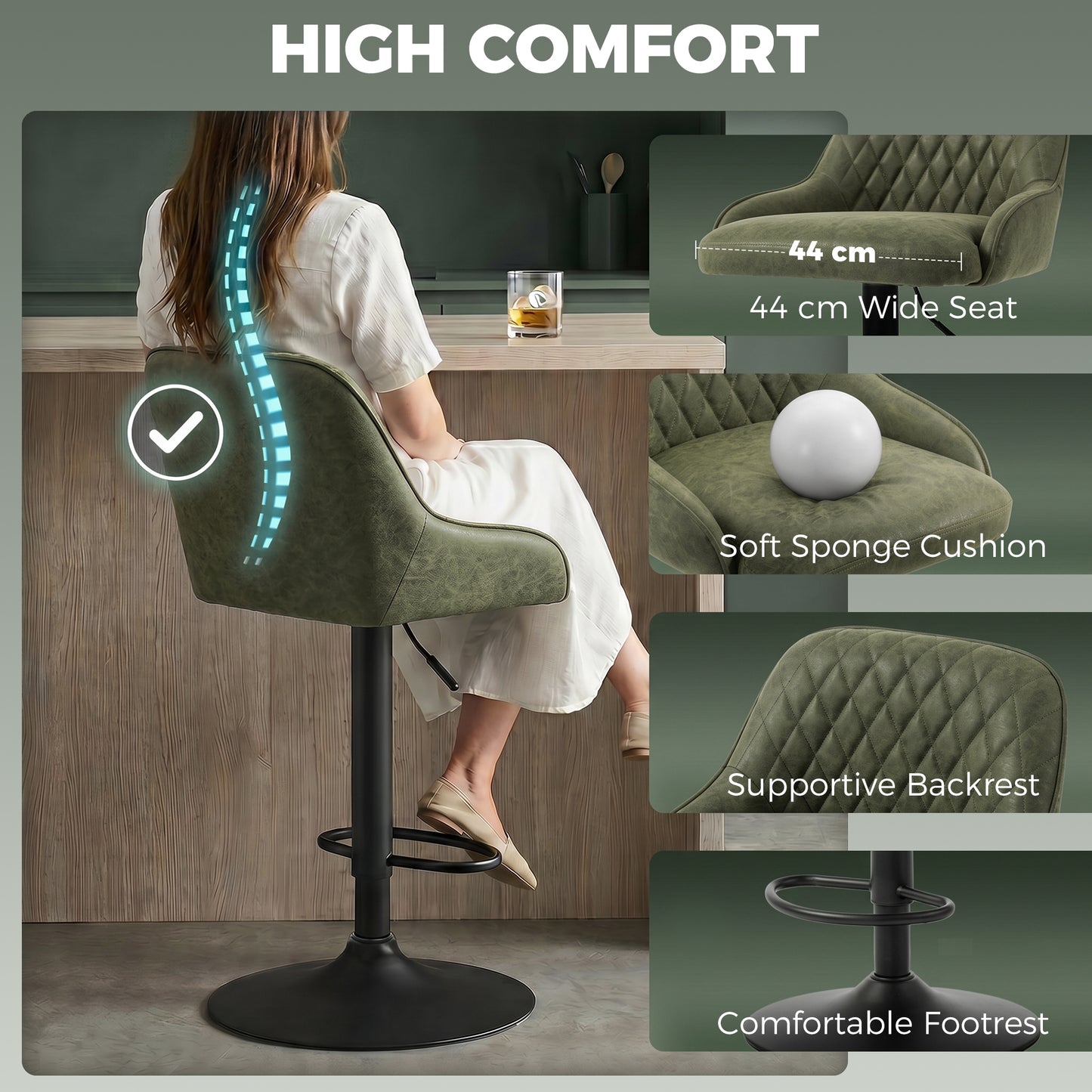 HOMCOM Adjustable Bar Stools Swivel Kitchen Chairs With Backrest Set Of 2 For Kitchen Island Dark Green