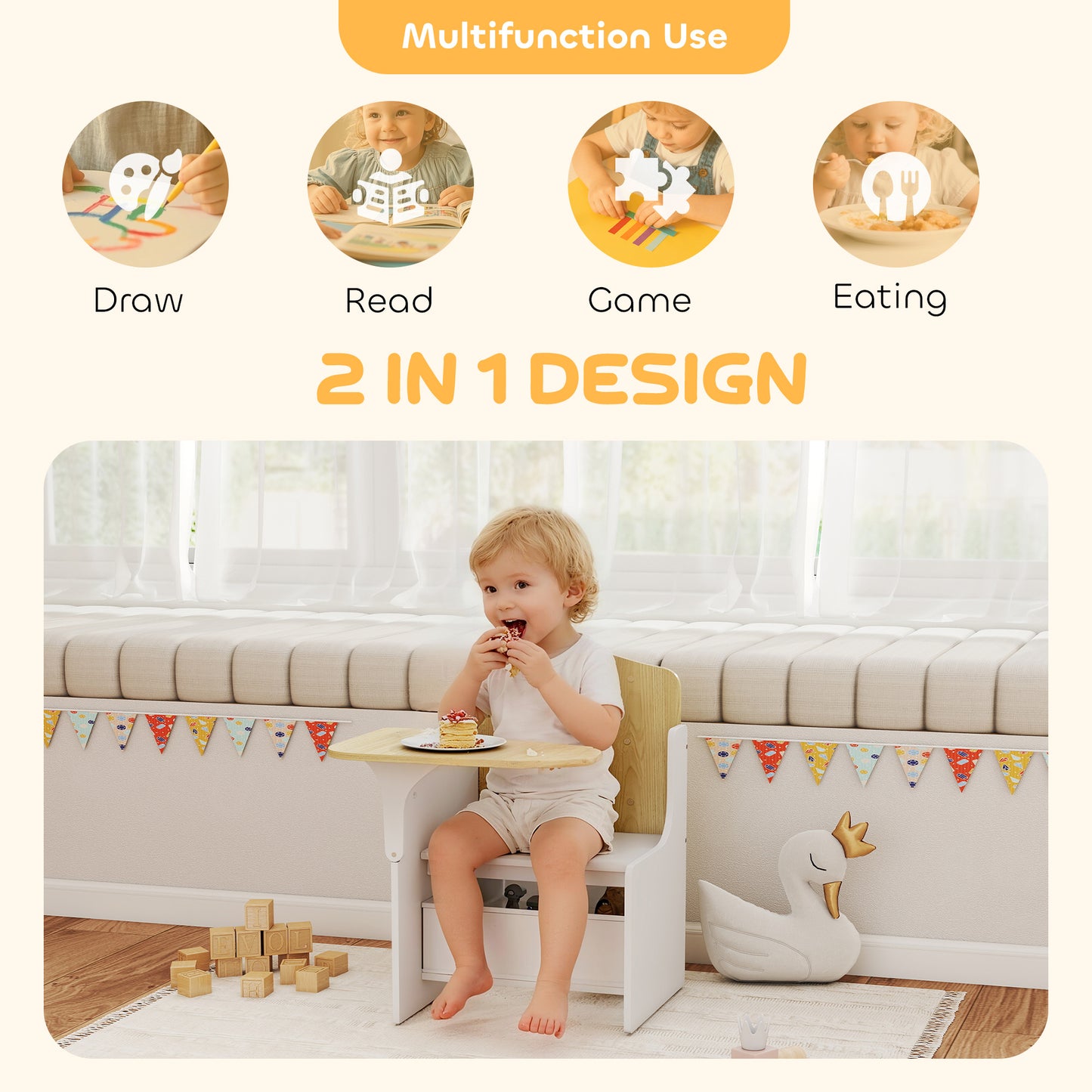 AIYAPLAY Kids Table and Chair Set With Built In Storage Bins For Playtime Reading Painting Ages 3 to 5 White