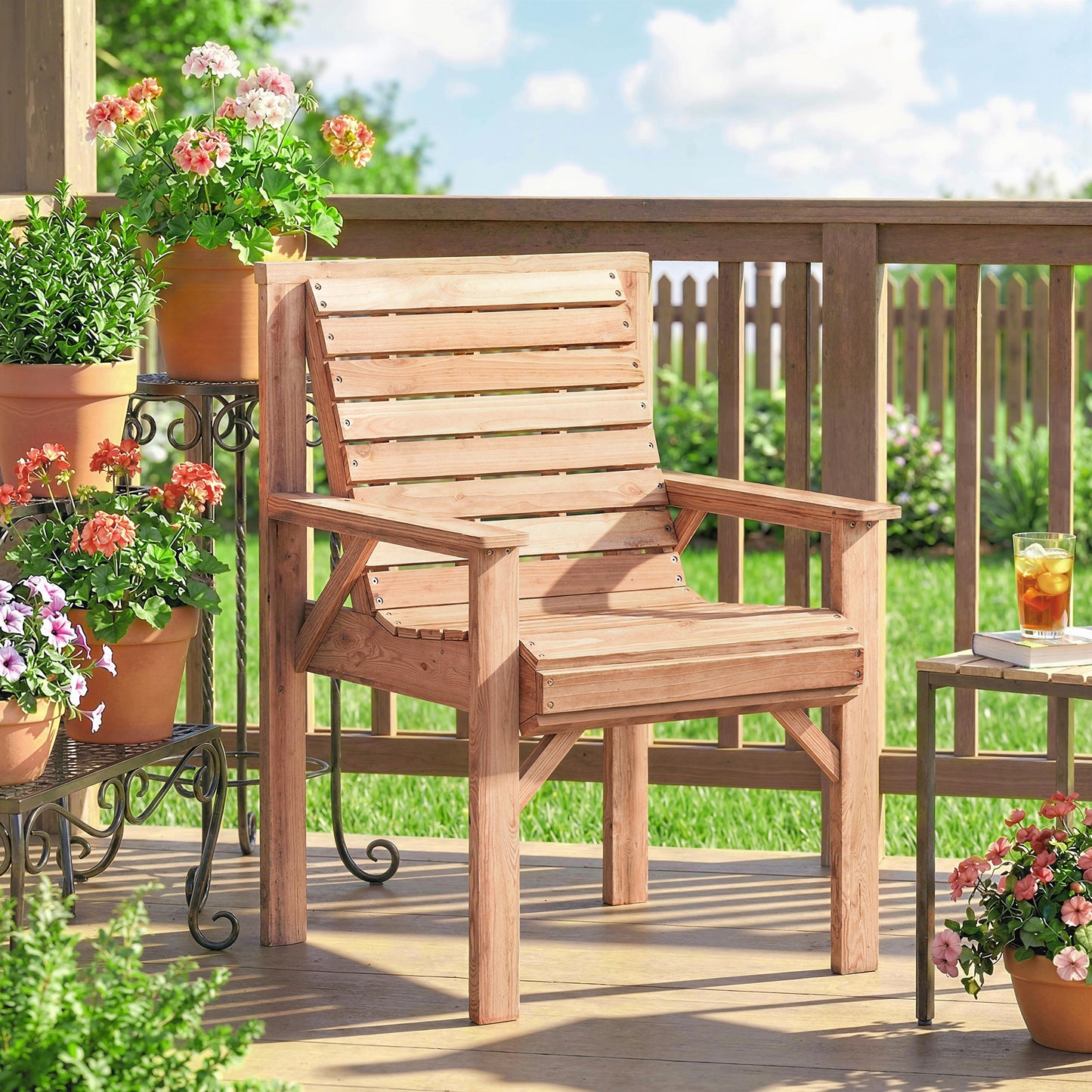 Outsunny Wooden Garden Dining Chair Outdoor Armchair With Curved Seat And Wide Armrests Natural Wood Finish