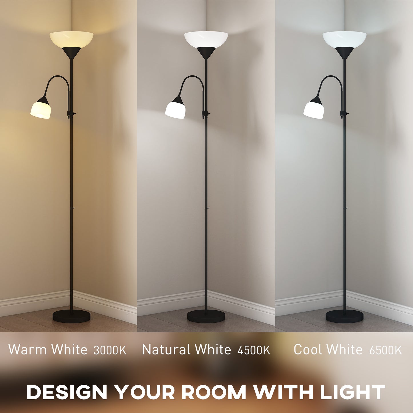 HOMCOM LED Floor Lamp With Mother And Child Uplighter Adjustable Gooseneck Color Temperatures 3000K 4500K 6500K Black